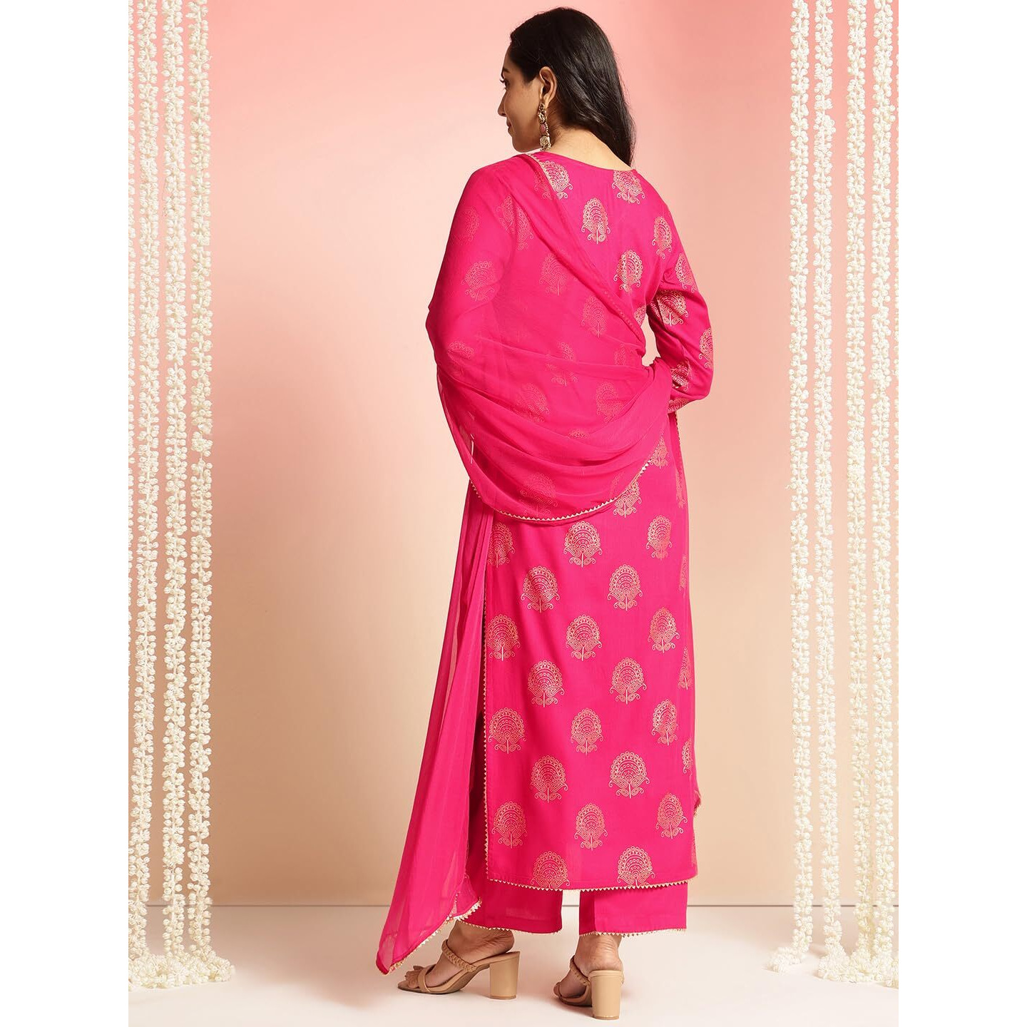 ANNI DESIGNER Women's Rayon Blend Printed Straight Kurta with Pant & Dupatta (Jubal Pink_S_Pink_Small)