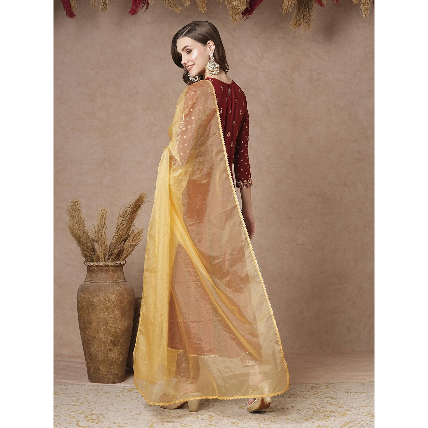 ANNI DESIGNER Women's Rayon Blend Embroidered Anarkali Kurta with Pant & Dupatta (KAUSIK RED_L_Red_Large)