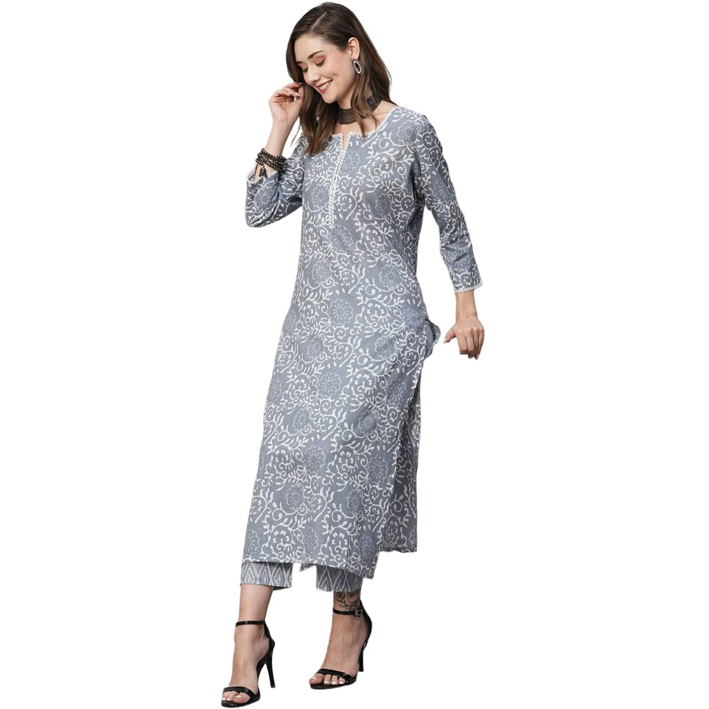 ANNI DESIGNER Women's Cotton Blend Straight Printed Kurta with Pant (Gulika Grey_L_Grey_Large)