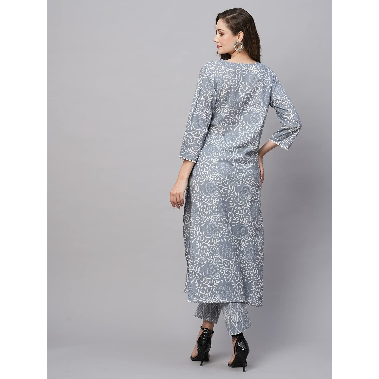 ANNI DESIGNER Women's Cotton Blend Straight Printed Kurta with Pant (Gulika Grey_L_Grey_Large)