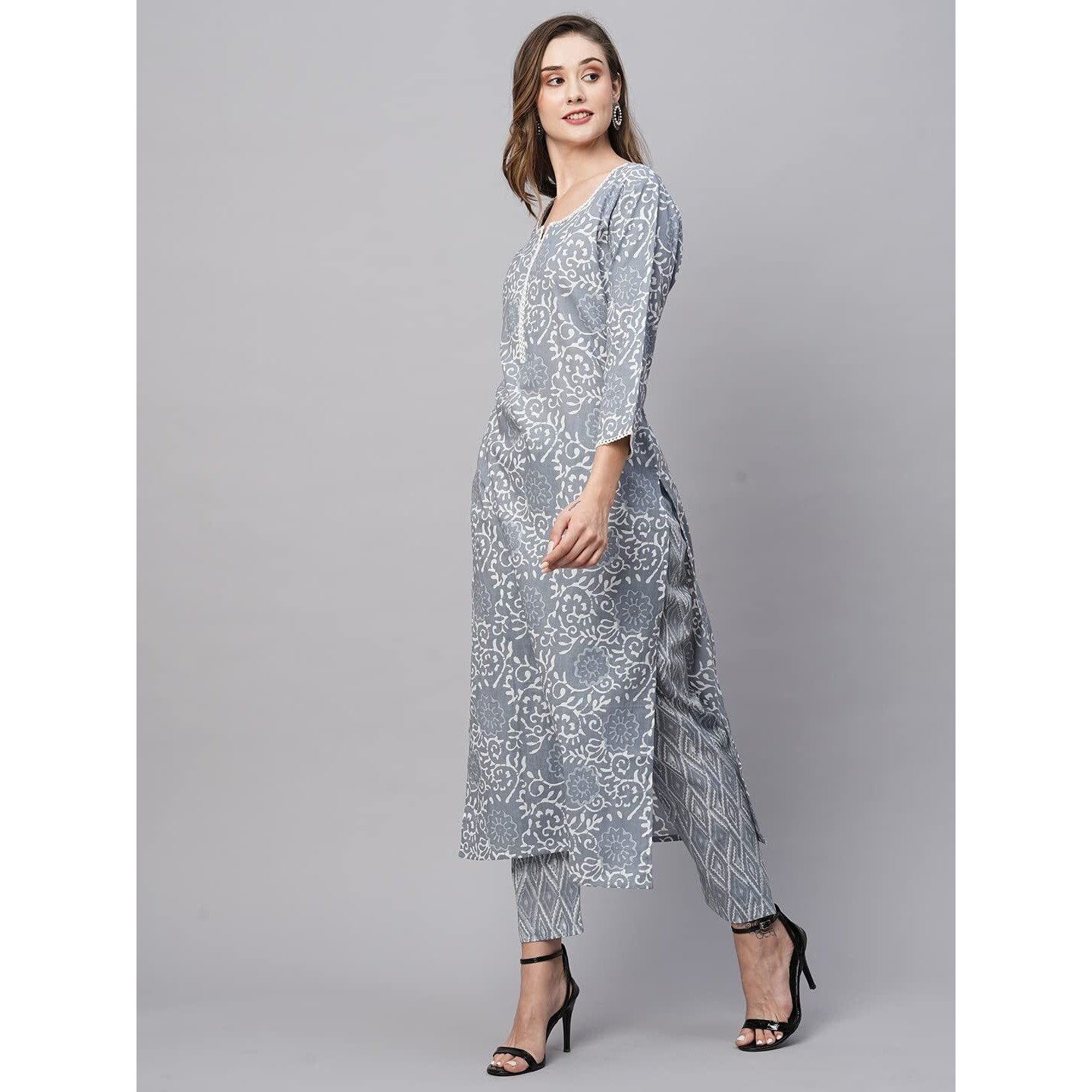 ANNI DESIGNER Women's Cotton Blend Straight Printed Kurta with Pant (Gulika Grey_L_Grey_Large)