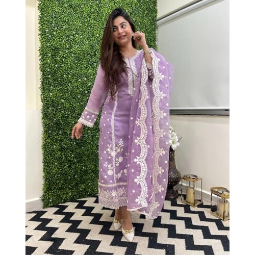 ANNI DESIGNER Women's Rayon Blend Straight Embroidered Kurta with Pant & Dupatta (Rosewood Purple_XXL_Purple_XX-Large)