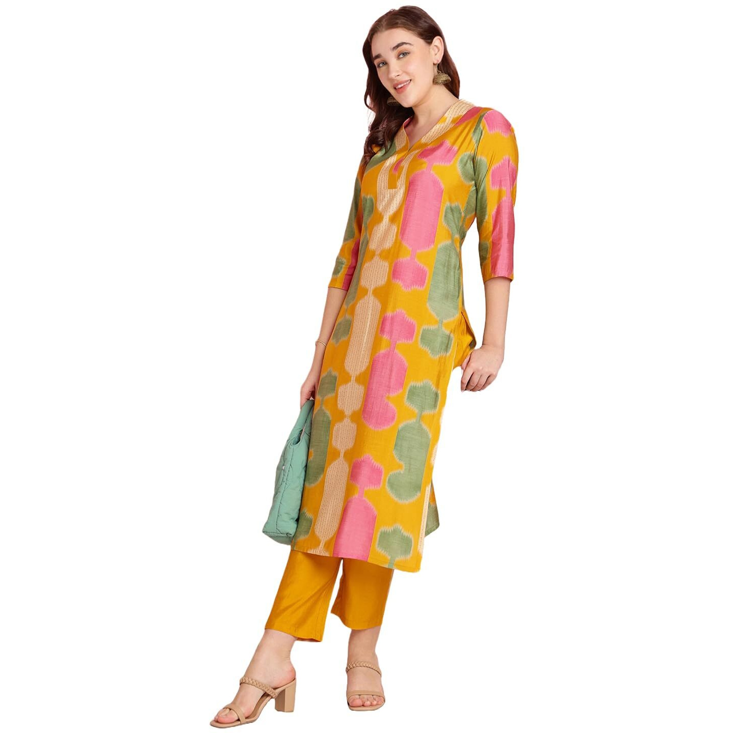 ANNI DESIGNER Women's Rayon Blend Straight Printed Kurta with Pant (SURDAS Yellow_M_Yellow_Medium)