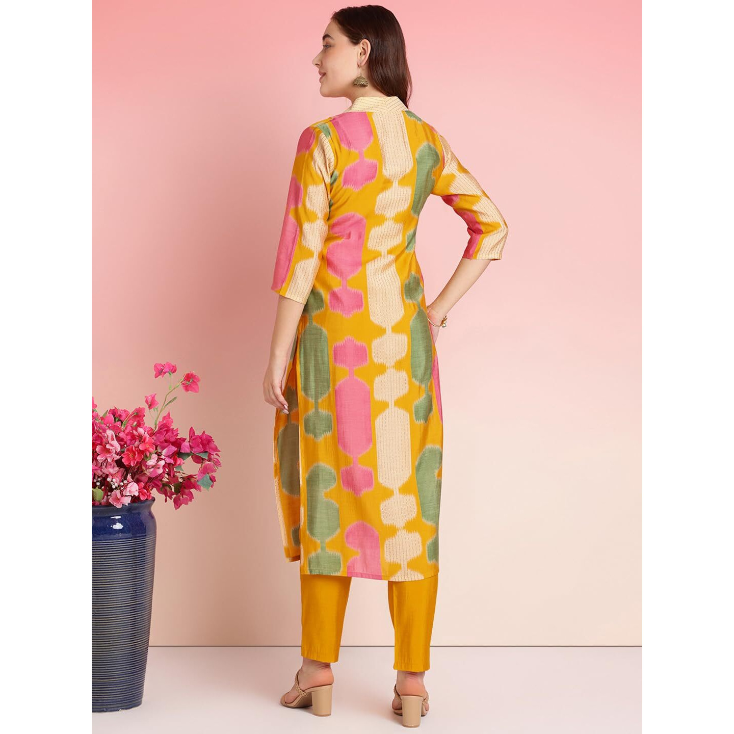 ANNI DESIGNER Women's Rayon Blend Straight Printed Kurta with Pant (SURDAS Yellow_M_Yellow_Medium)