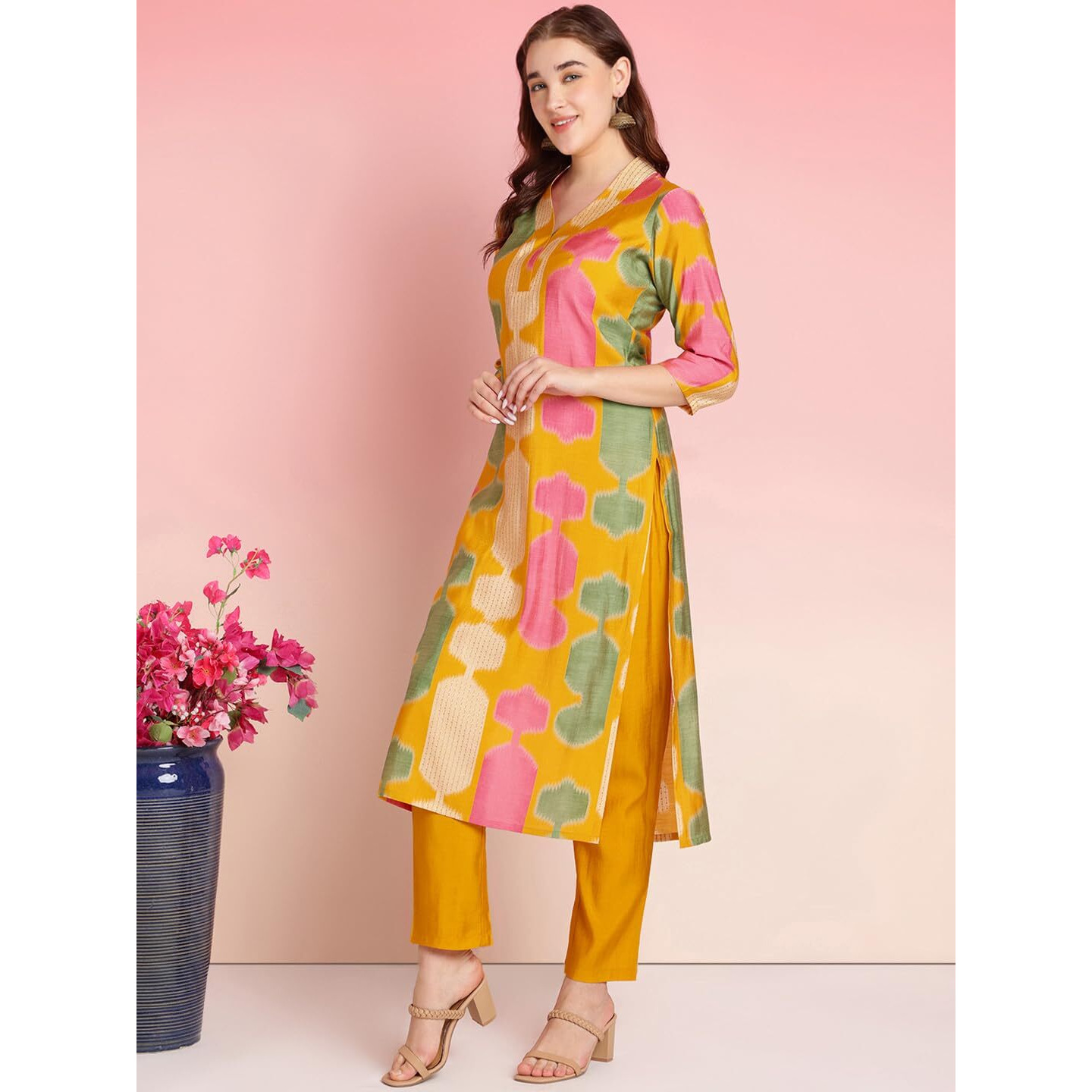 ANNI DESIGNER Women's Rayon Blend Straight Printed Kurta with Pant (SURDAS Yellow_M_Yellow_Medium)