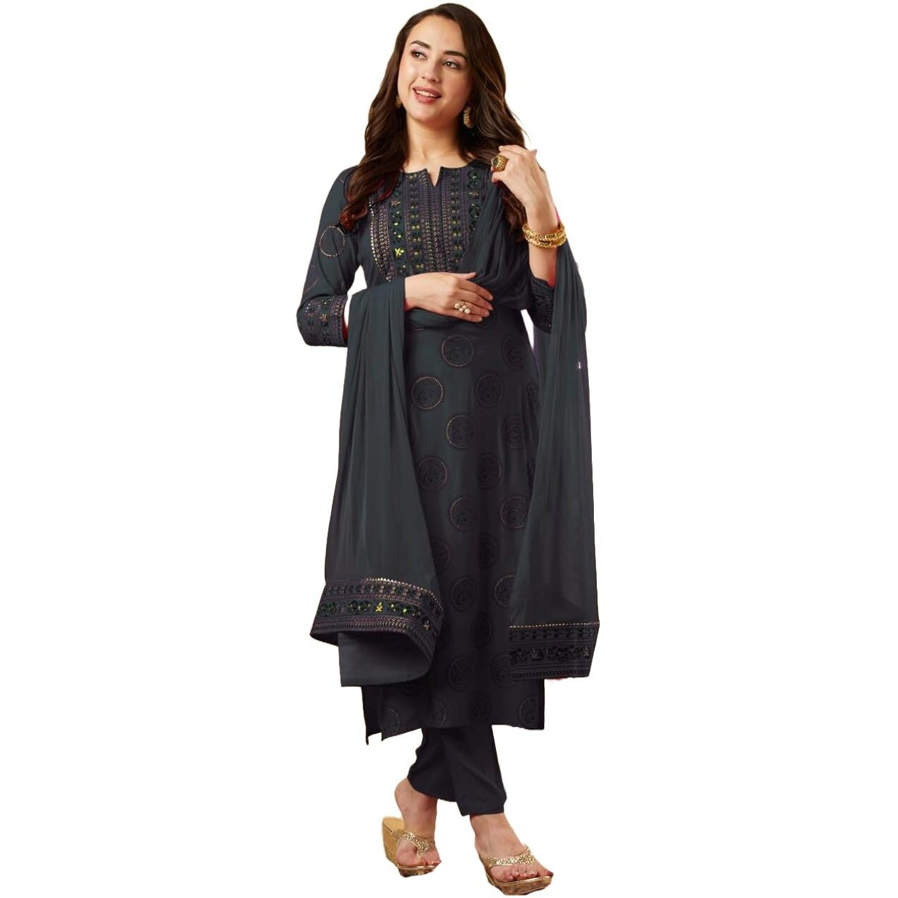 ANNI DESIGNER Women's Cotton Blend Straight Printed Kurta with Pant & Dupatta (NOV Grey_M_Grey_Medium)