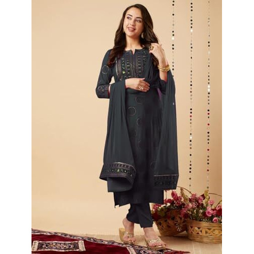 ANNI DESIGNER Women's Cotton Blend Straight Printed Kurta with Pant & Dupatta (NOV Grey_M_Grey_Medium)