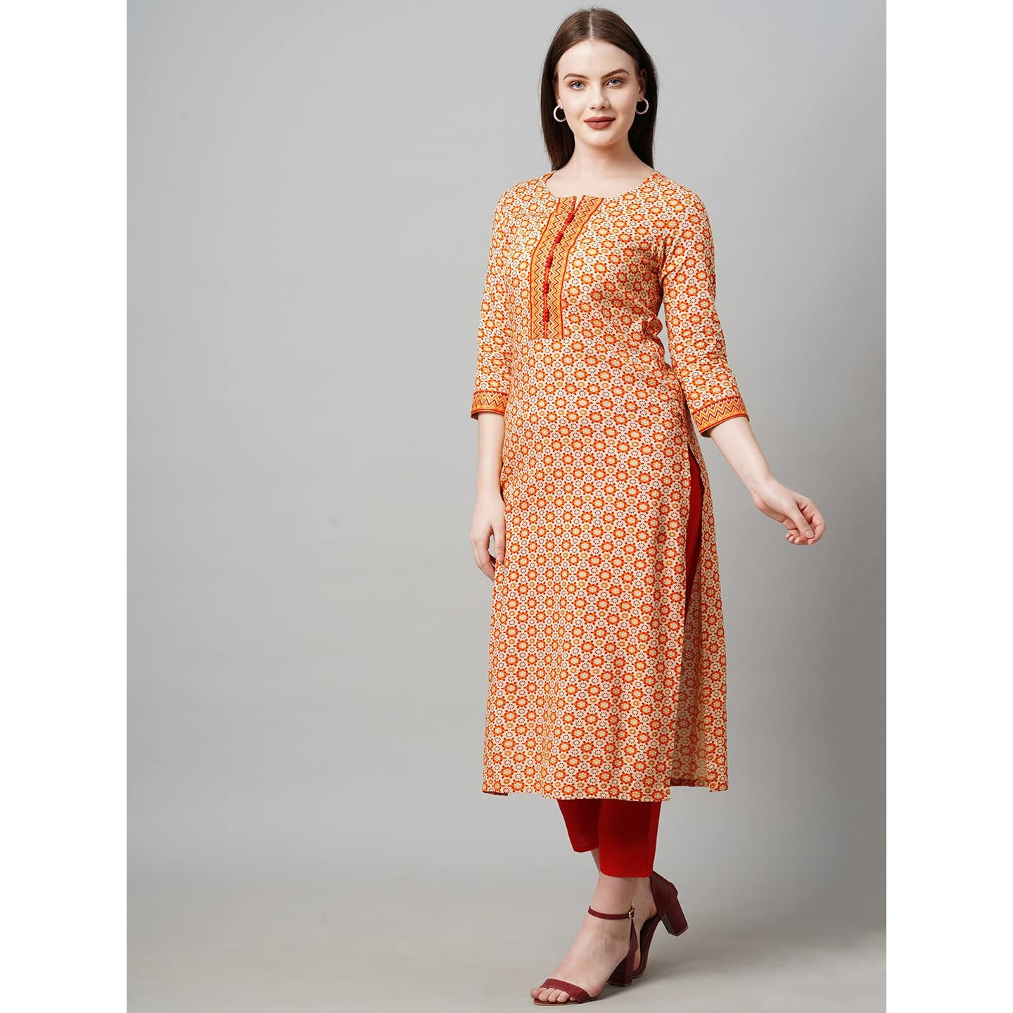 ANNI DESIGNER Women's Cotton Blend Traditional Straight Printed Kurta and Pant Set (09 AMD Orange_S_Orange_Small)
