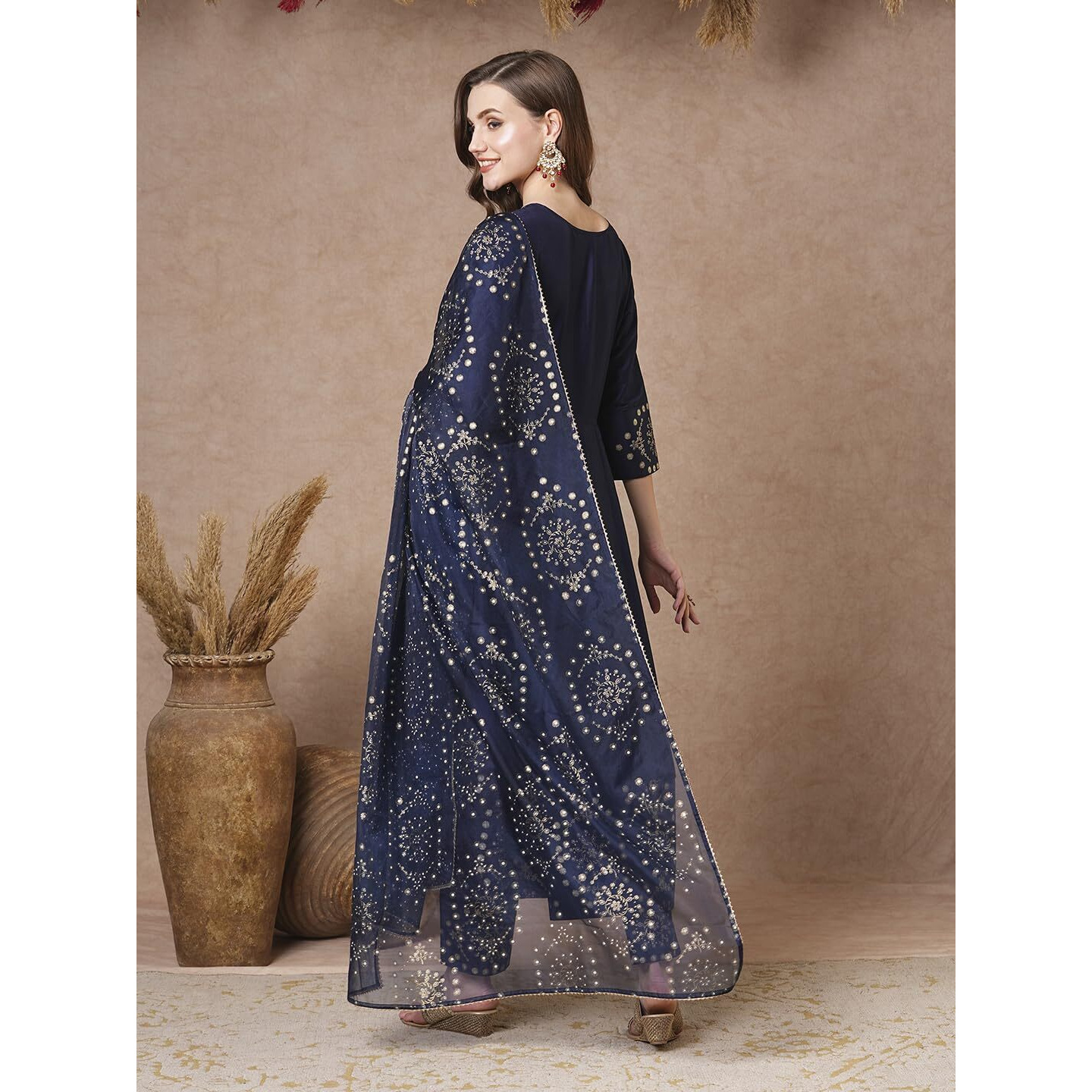 ANNI DESIGNER Women's Rayon Blend Printed Anarkali Kurta with Pant & Dupatta (Varuna Navy_L_Navy Blue_Large)