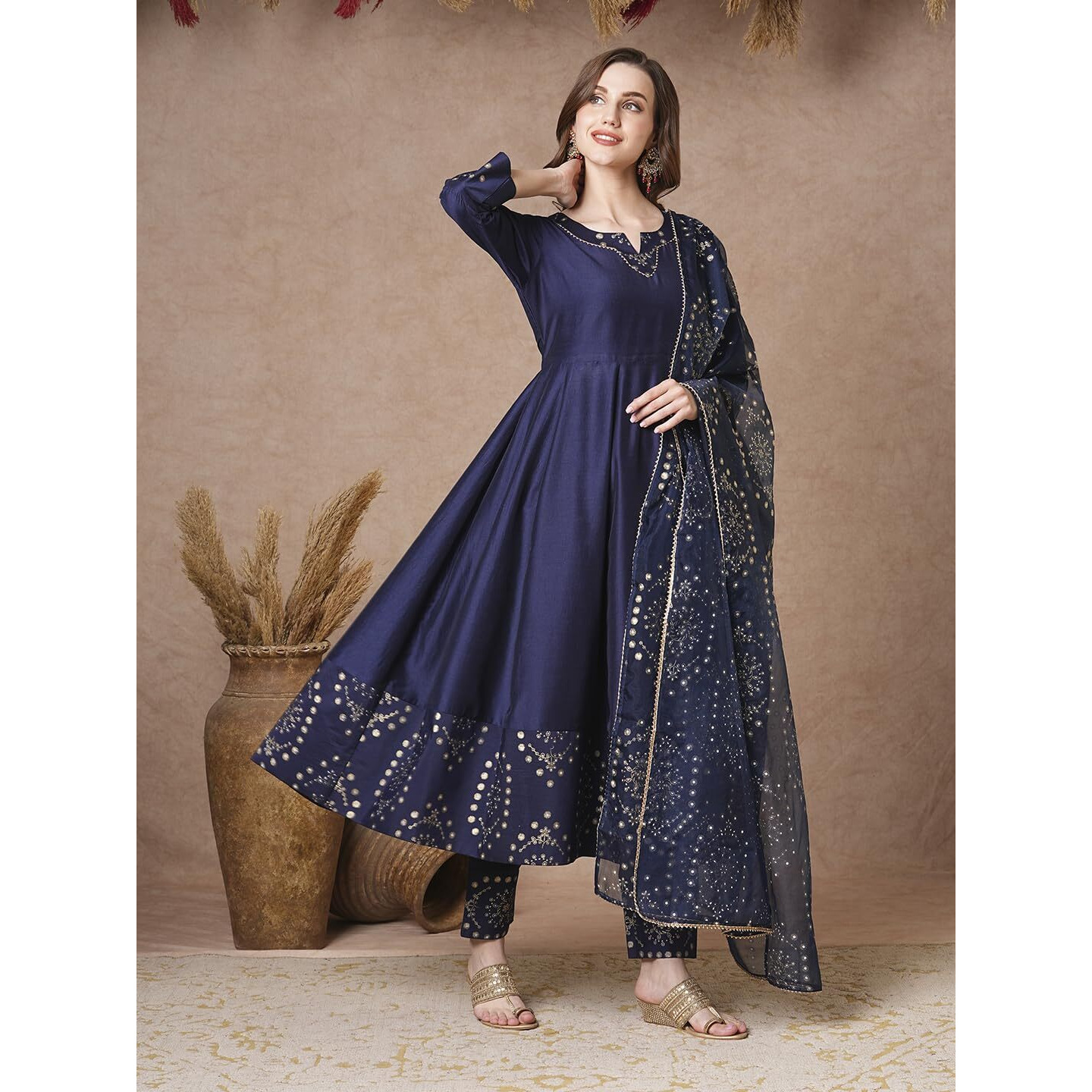 ANNI DESIGNER Women's Rayon Blend Printed Anarkali Kurta with Pant & Dupatta (Varuna Navy_L_Navy Blue_Large)