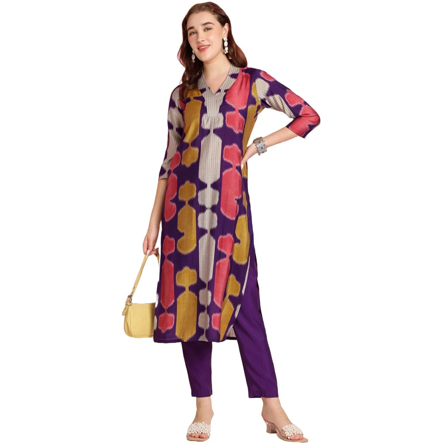 ANNI DESIGNER Women's Rayon Blend Straight Printed Kurta with Pant (SURDAS BEGANI_S_Begani_Small)