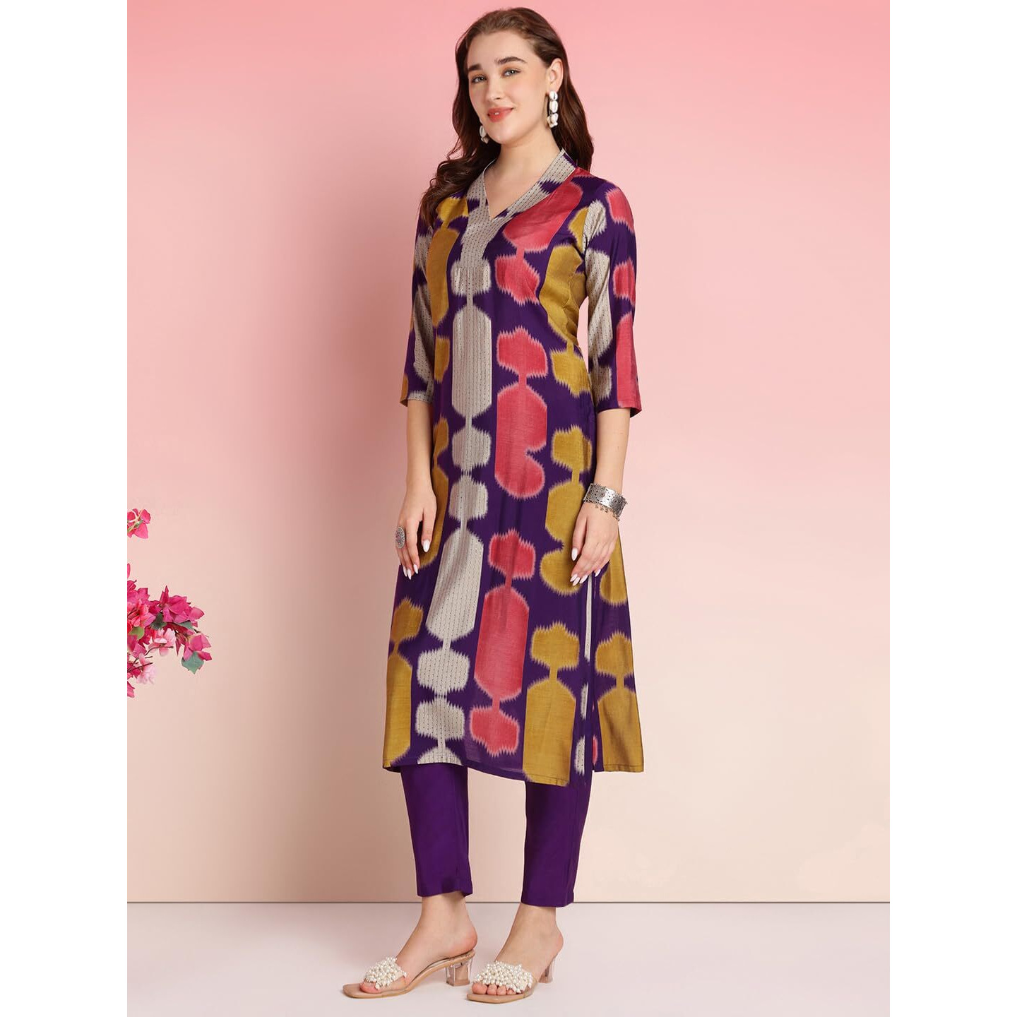 ANNI DESIGNER Women's Rayon Blend Straight Printed Kurta with Pant (SURDAS BEGANI_S_Begani_Small)