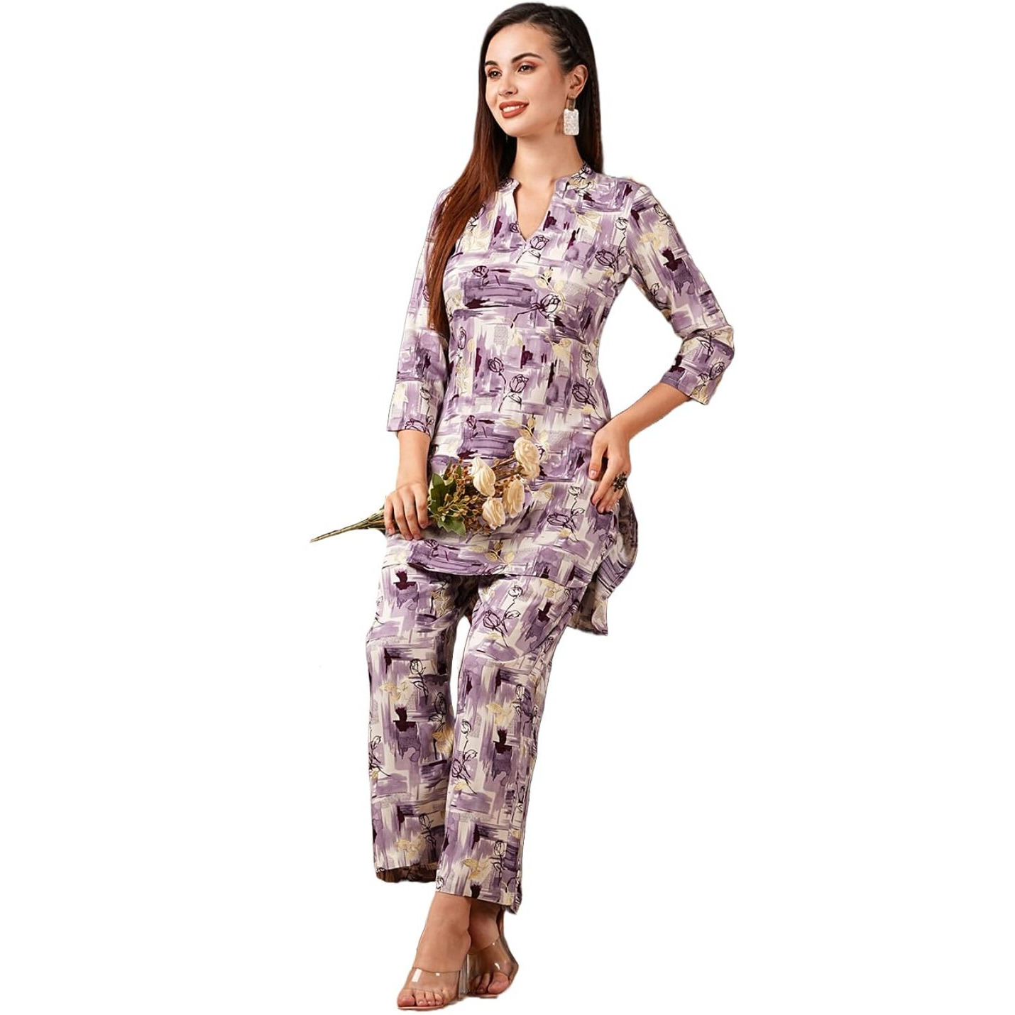 ANNI DESIGNER Women's Cotton Blend Printed Ethnic Co-ord Set (Tamar Purple-NW_L_Purple_Large)