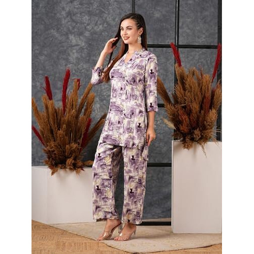 ANNI DESIGNER Women's Cotton Blend Printed Ethnic Co-ord Set (Tamar Purple-NW_L_Purple_Large)