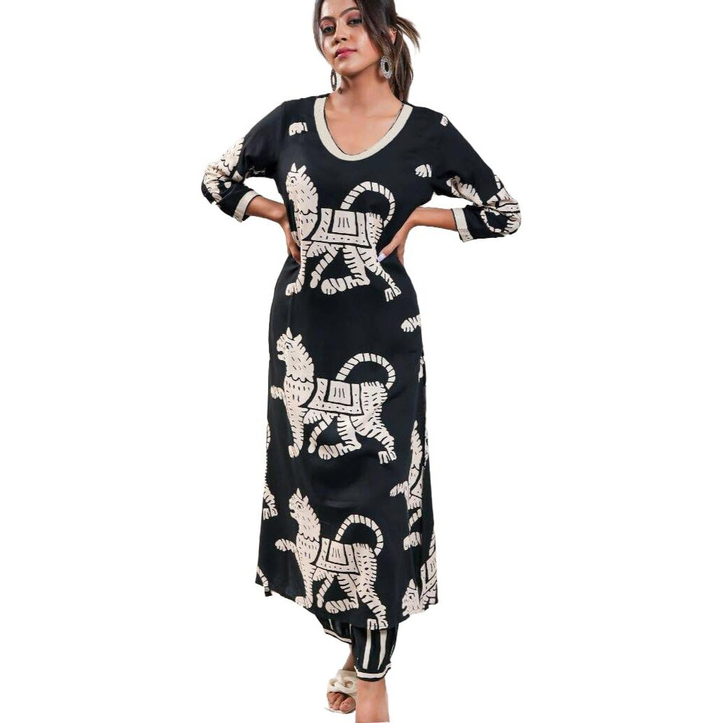 ANNI DESIGNER Women's Cotton Blend Straight Printed Kurta with Pant (Lanka-Black-NS_XXL_Black_XX-Large)