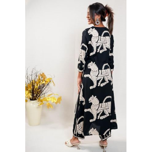 ANNI DESIGNER Women's Cotton Blend Straight Printed Kurta with Pant (Lanka-Black-NS_XXL_Black_XX-Large)