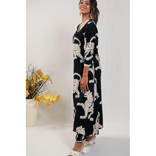 ANNI DESIGNER Women's Cotton Blend Straight Printed Kurta with Pant (Lanka-Black-NS_XXL_Black_XX-Large)