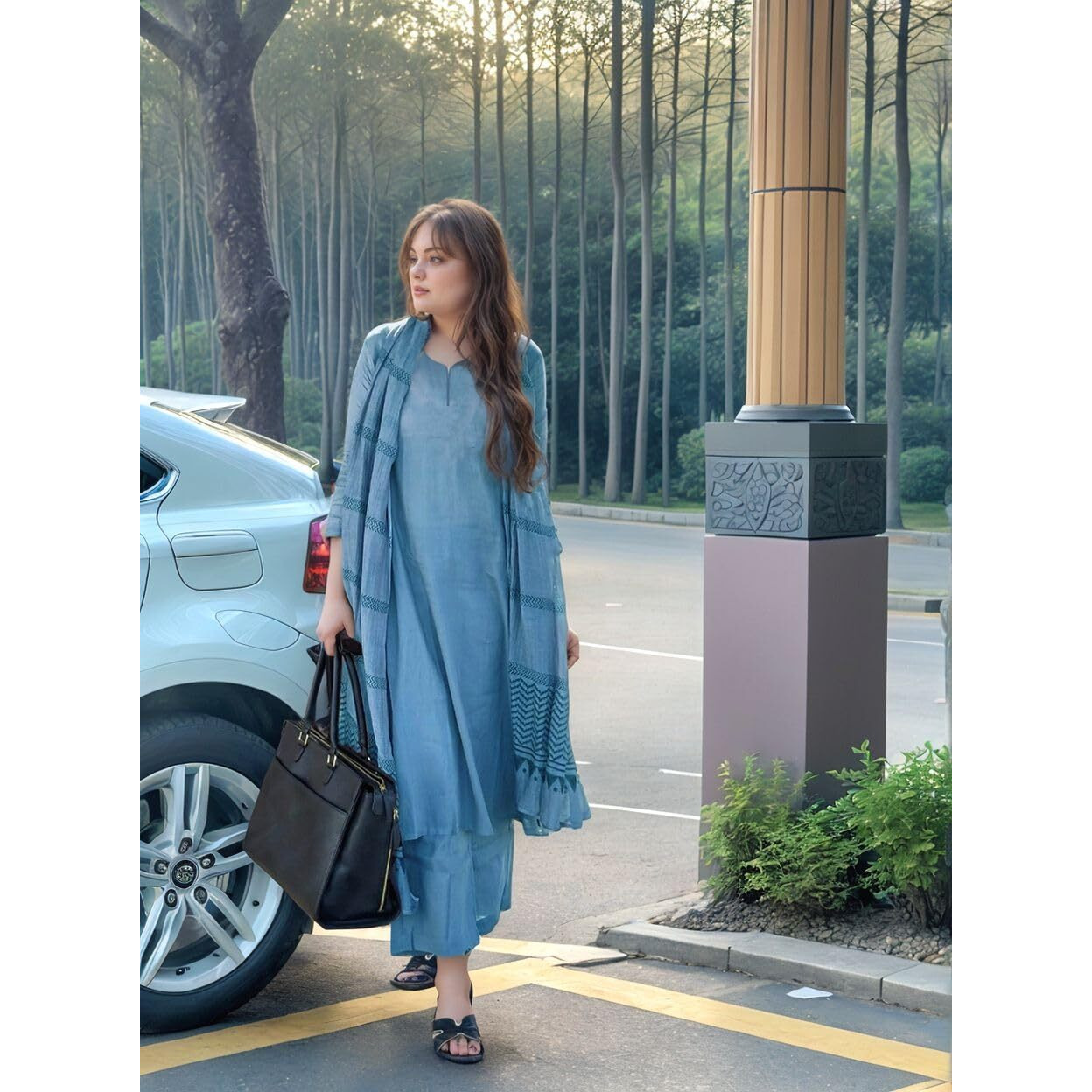 ANNI DESIGNER Women's Rayon Blend Solid Straight Kurta with Pant & Dupatta (Raja Saab Light Blue-VKS12_L_Light Blue_Large)