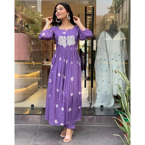 ANNI DESIGNER Women's Rayon Blend Anarkali Printed Kurta with Pant (ANVESHI PURPLE-VKS07_S_Purple_Small)