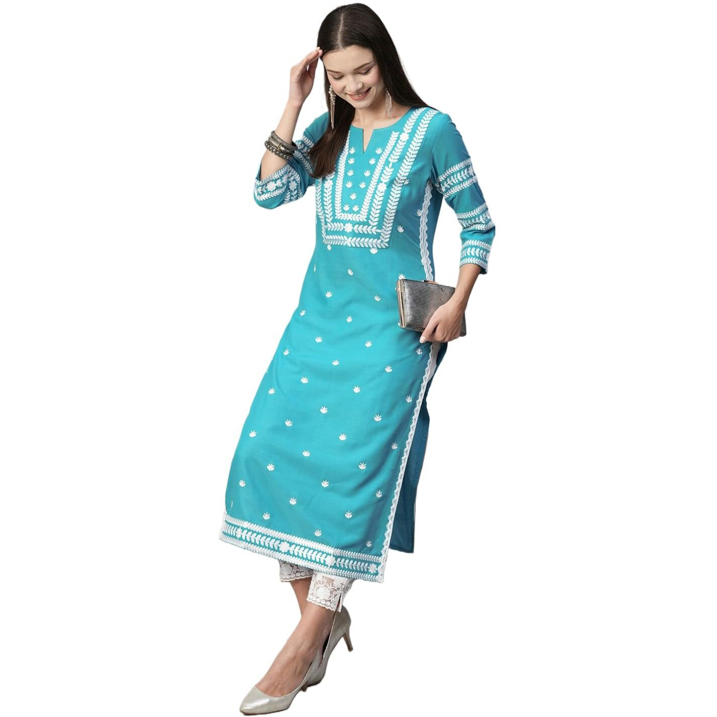 ANNI DESIGNER Women's Cotton Blend Chikankari Embroidered Straight Kurta (STHO-Sky Blue-NW_L_Sky Blue_Large)