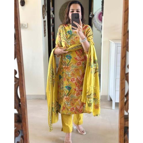 ANNI DESIGNER Women's Rayon Blend Printed Straight Kurta with Pant & Dupatta (Pubani Mustard_L_Mustard_Large)