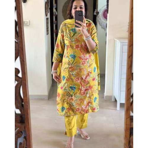 ANNI DESIGNER Women's Rayon Blend Printed Straight Kurta with Pant & Dupatta (Pubani Mustard_L_Mustard_Large)