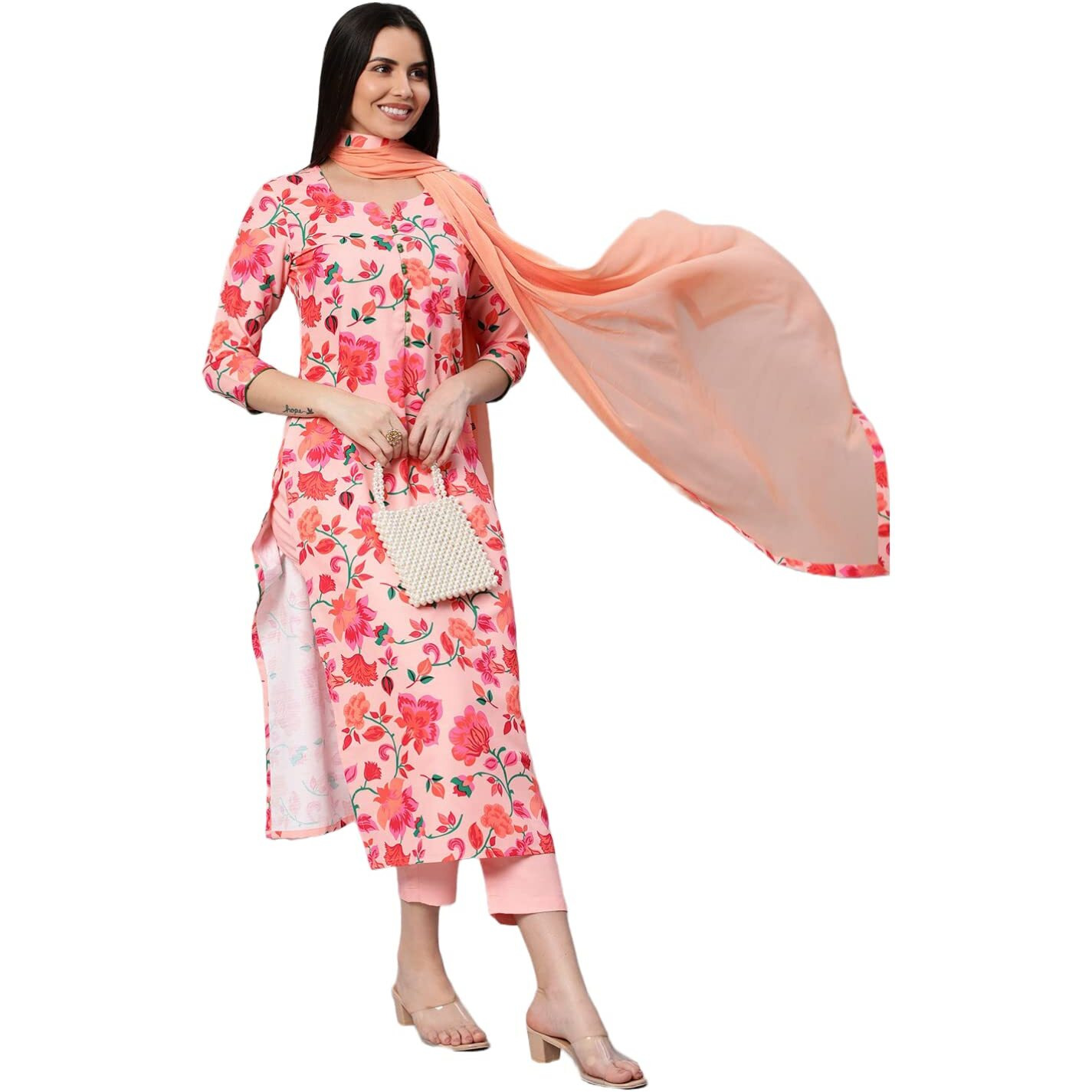 ANNI DESIGNER Women's Cotton Blend Printed Straight Kurta with Pant & Dupatta (Water-Peach_XXL_Peach_XX-Large)