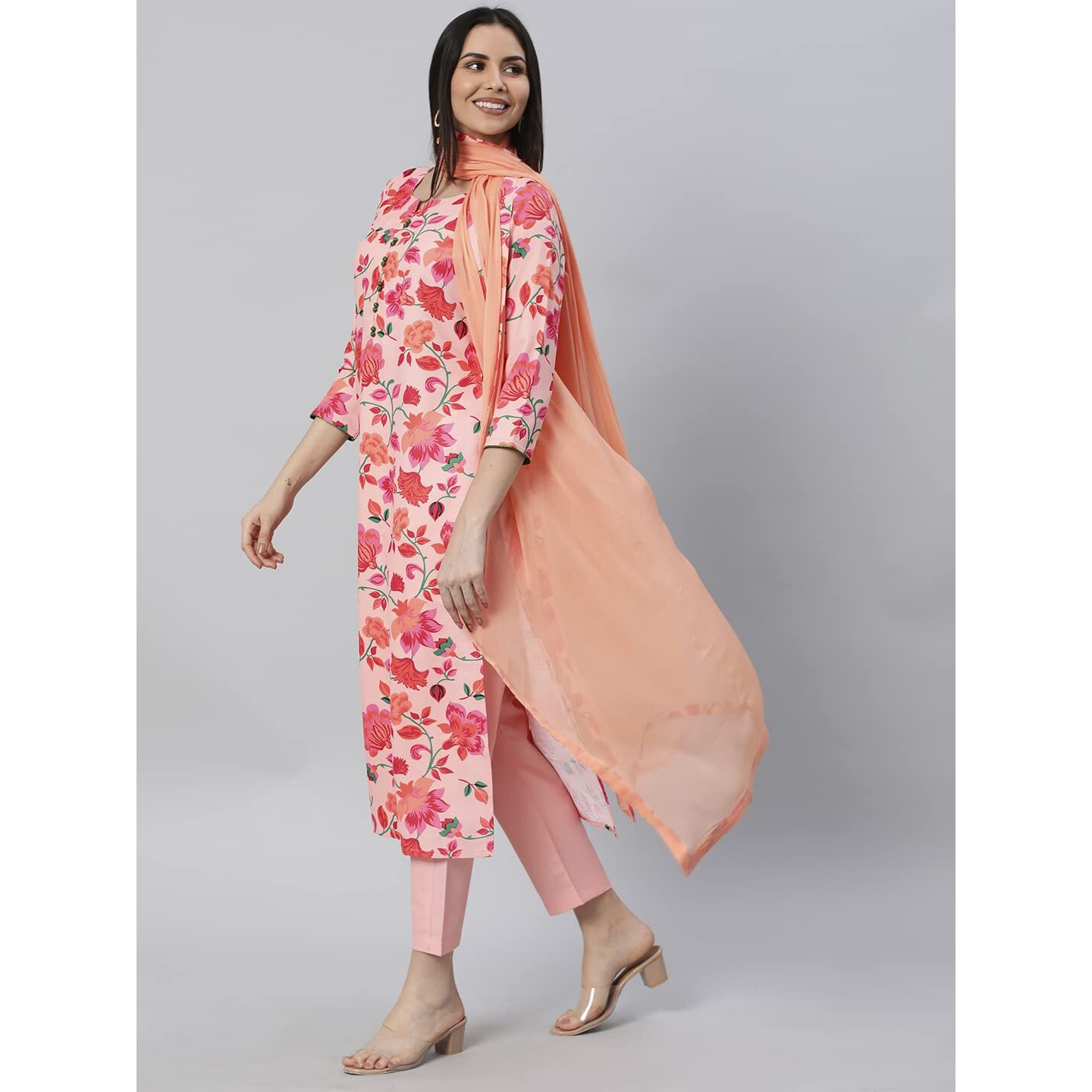 ANNI DESIGNER Women's Cotton Blend Printed Straight Kurta with Pant & Dupatta (Water-Peach_XXL_Peach_XX-Large)