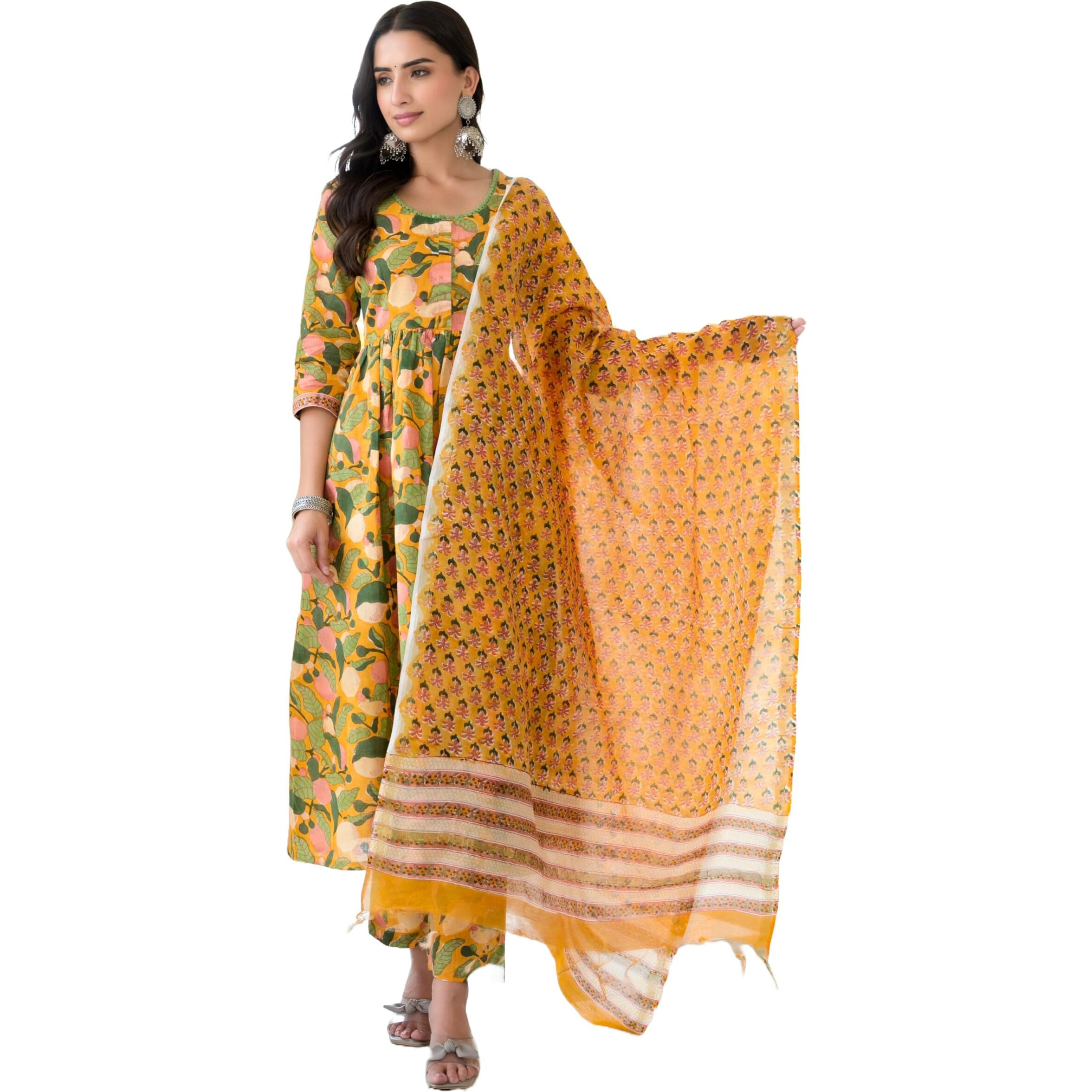 KLOSIA Women Floral Printed Anarkali Kurta and Pant Set with Dupatta (Small) Mustard
