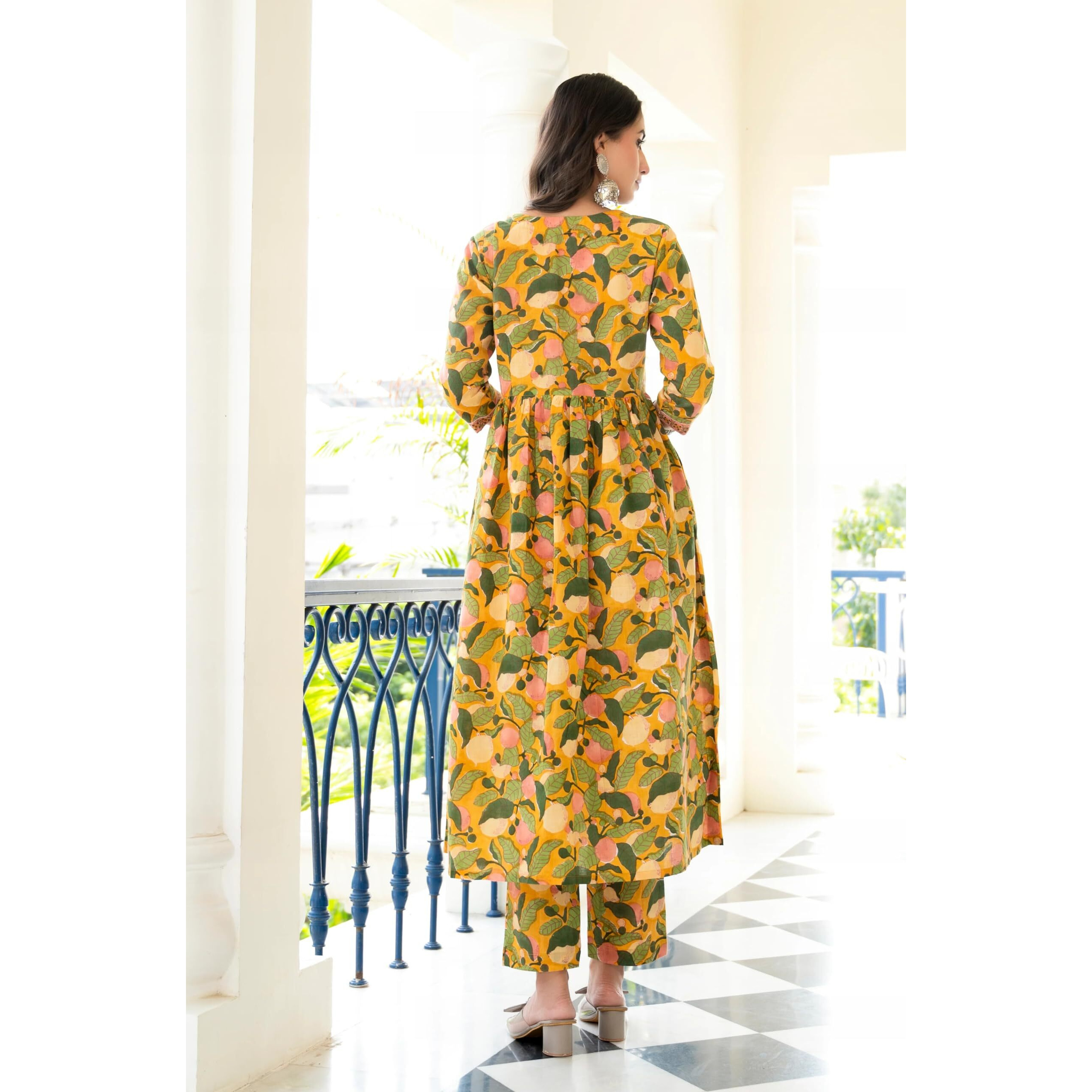 KLOSIA Women Floral Printed Anarkali Kurta and Pant Set with Dupatta (Small) Mustard