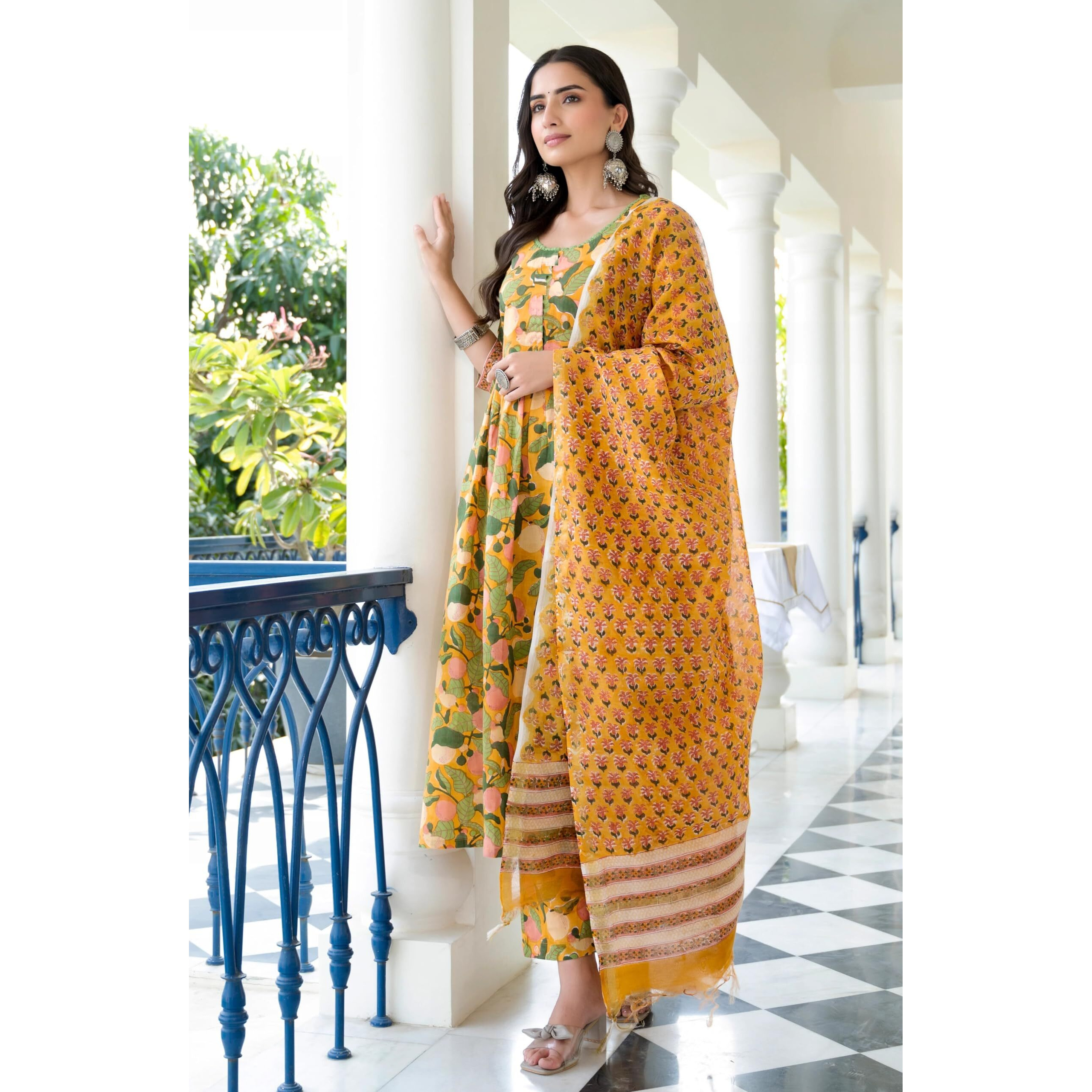 KLOSIA Women Floral Printed Anarkali Kurta and Pant Set with Dupatta (Small) Mustard