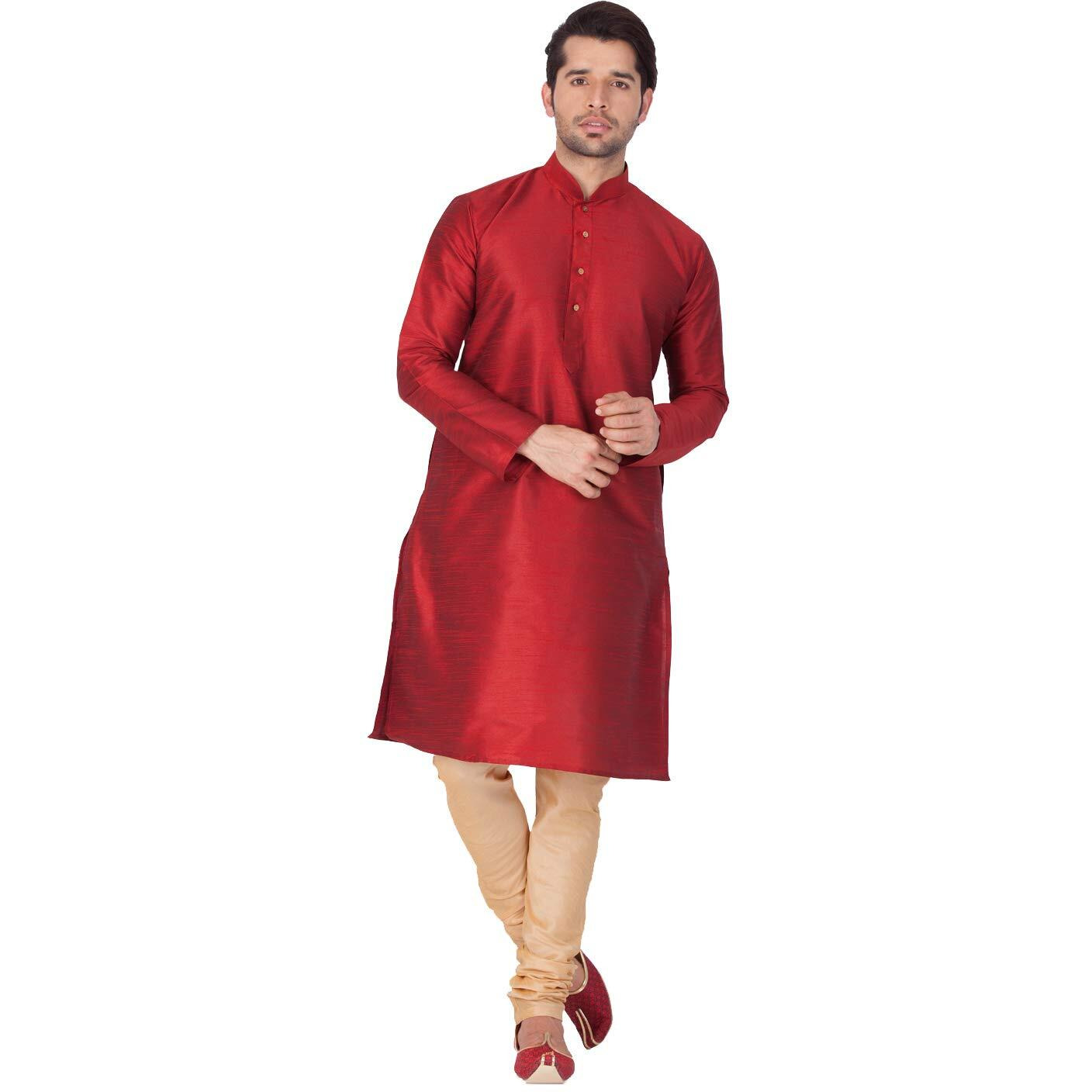 VASTRAMAY Men Cotton Kurta and Pyjama Set Ethnicwear (VASMKMA001nPRG_40 Colour Maroon Size 40)