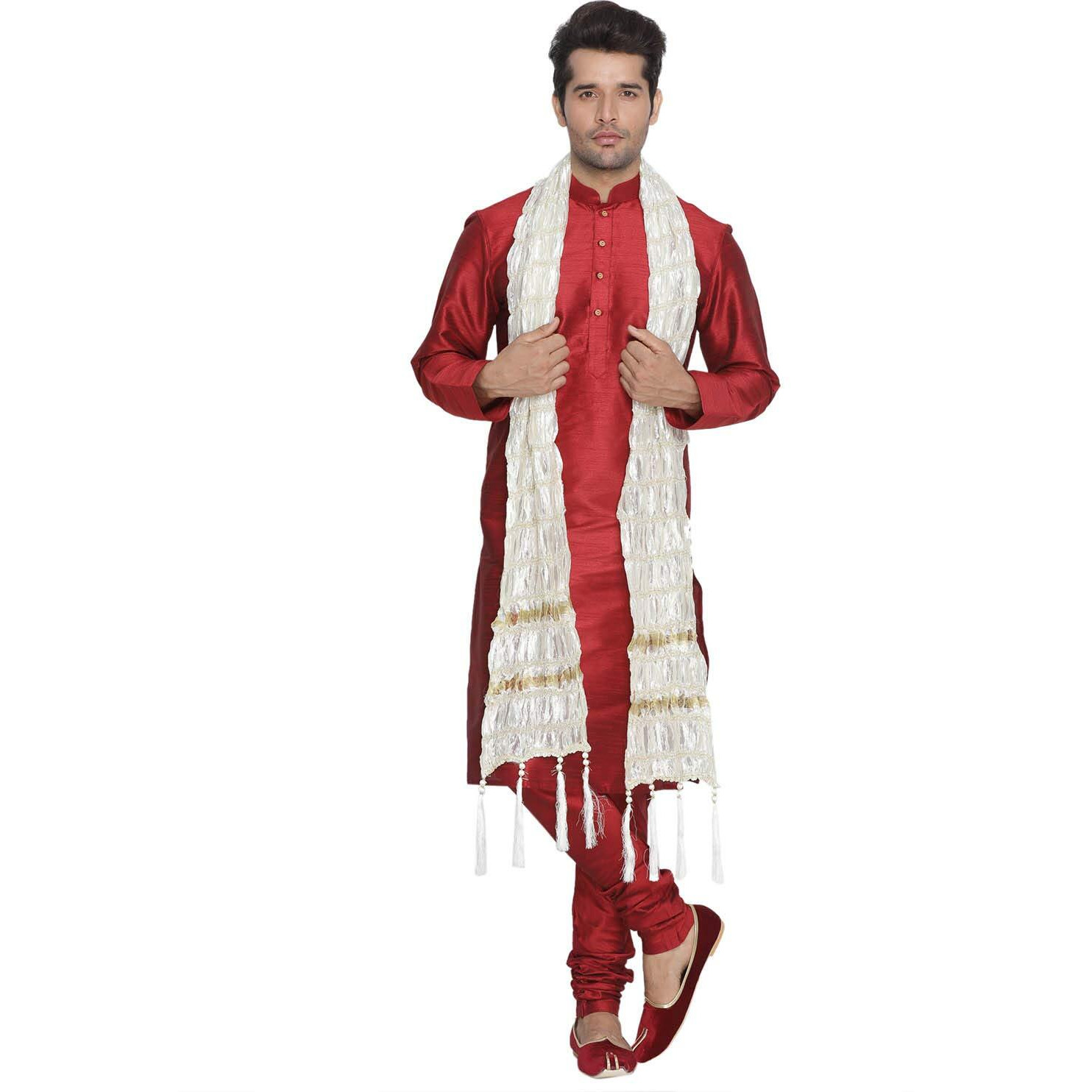 VASTRAMAY Men Maroon Cotton Silk Kurta Pyjama and Dupatta Set (VASMKMA001nPMAnD5WH_40)