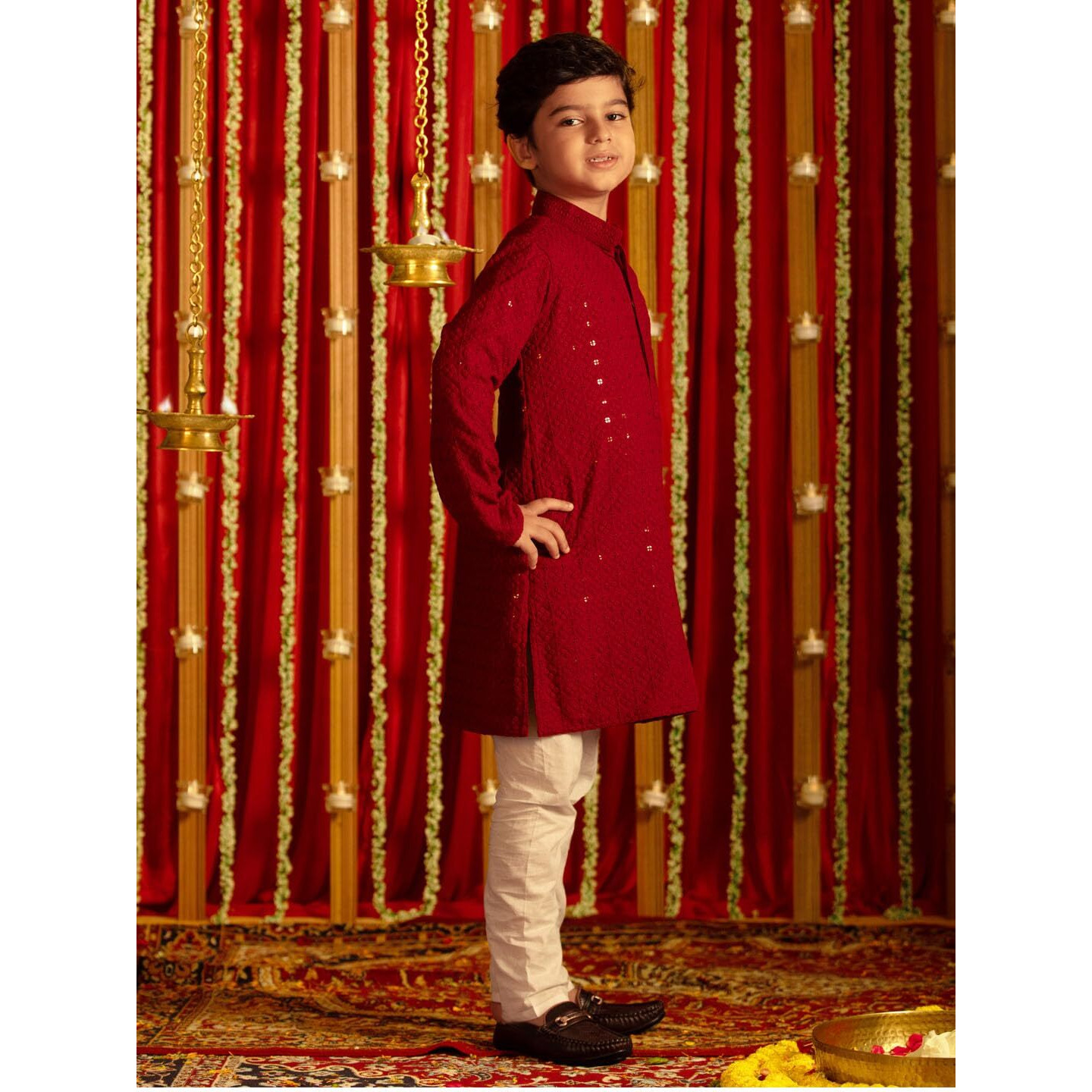 VASTRAMAY Boys Maroon And White Kurta Pyjama Set | This luxury traditional Embroidery Work kurta pajama set for Navratri, Diwali & Festive Celebrations - Stylish and Comfortable Indian Outfit for Kids