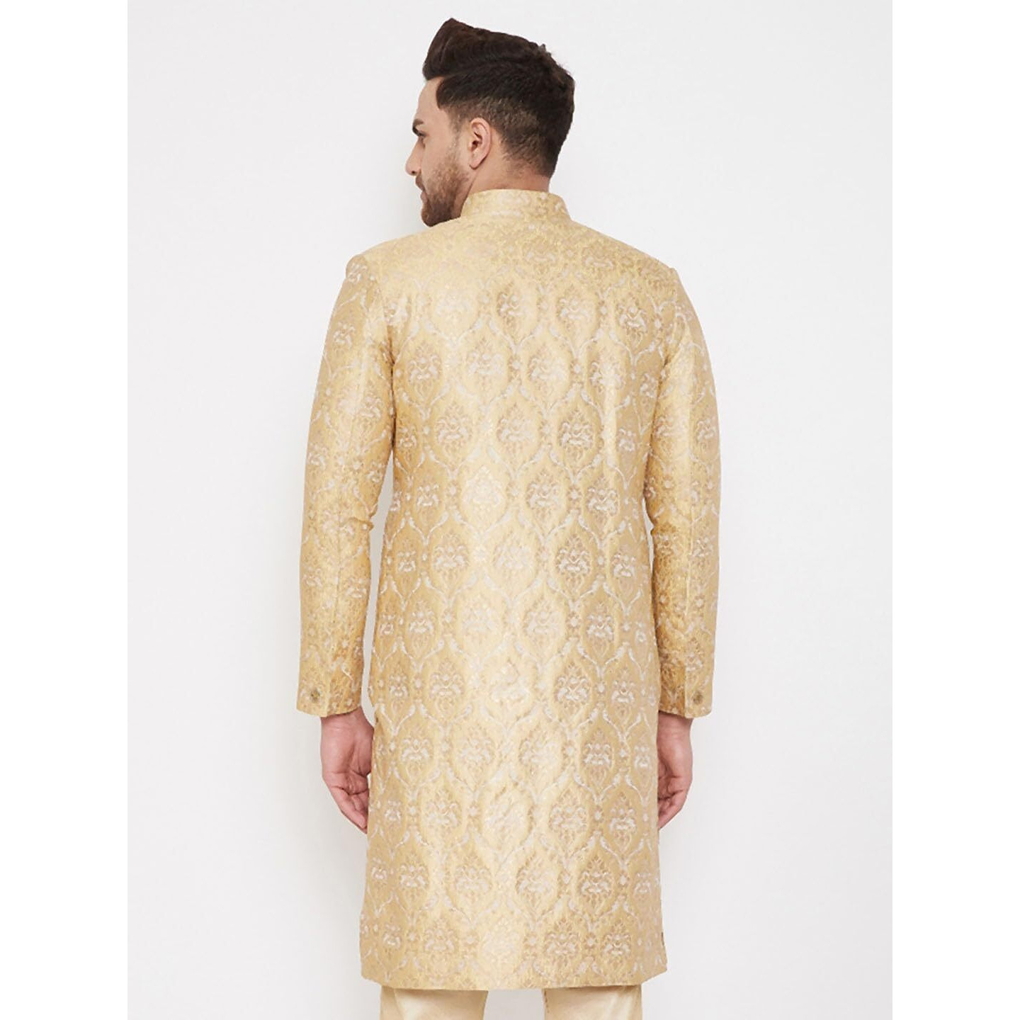 VASTRAMAY Men's Gold Silk Blend Sherwani Only Top - Brocade Sherwani