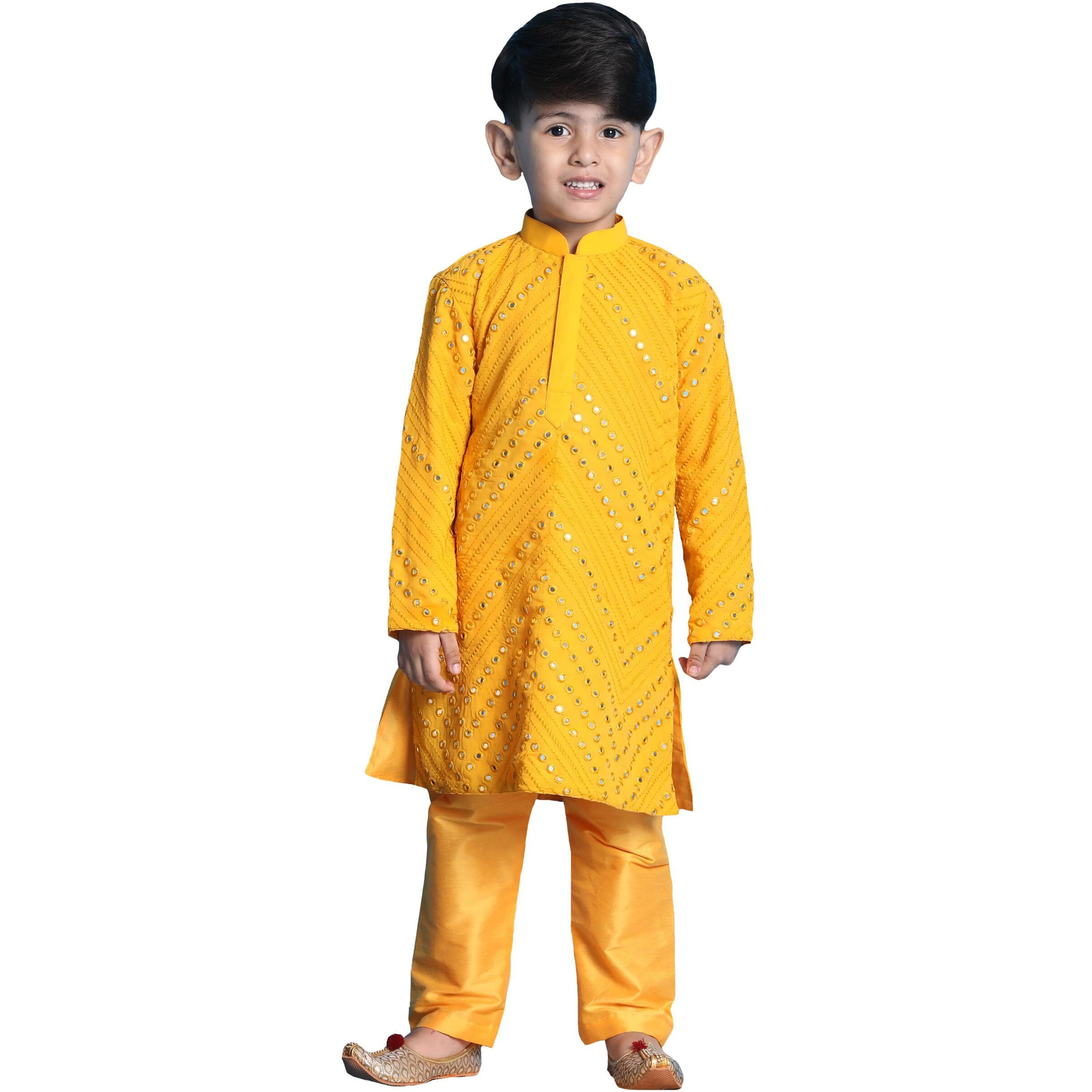 VASTRAMAY Boys' Yellow Kurta Pyjama Set | Boy's Mirror work Georgette Kurta and Pyjama Set for Navratri, Diwali & Festive Celebrations - Stylish and Comfortable Indian Outfit for Kids
