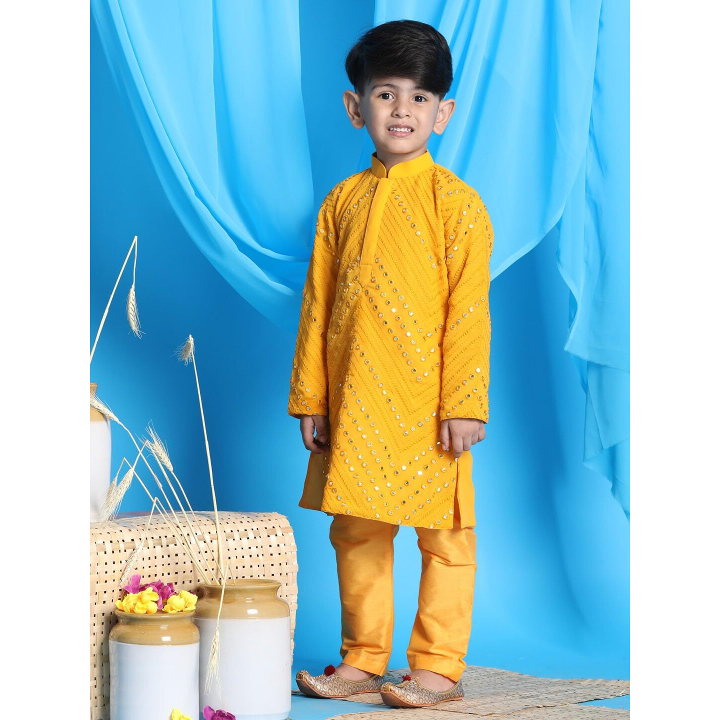VASTRAMAY Boys' Yellow Kurta Pyjama Set | Boy's Mirror work Georgette Kurta and Pyjama Set for Navratri, Diwali & Festive Celebrations - Stylish and Comfortable Indian Outfit for Kids