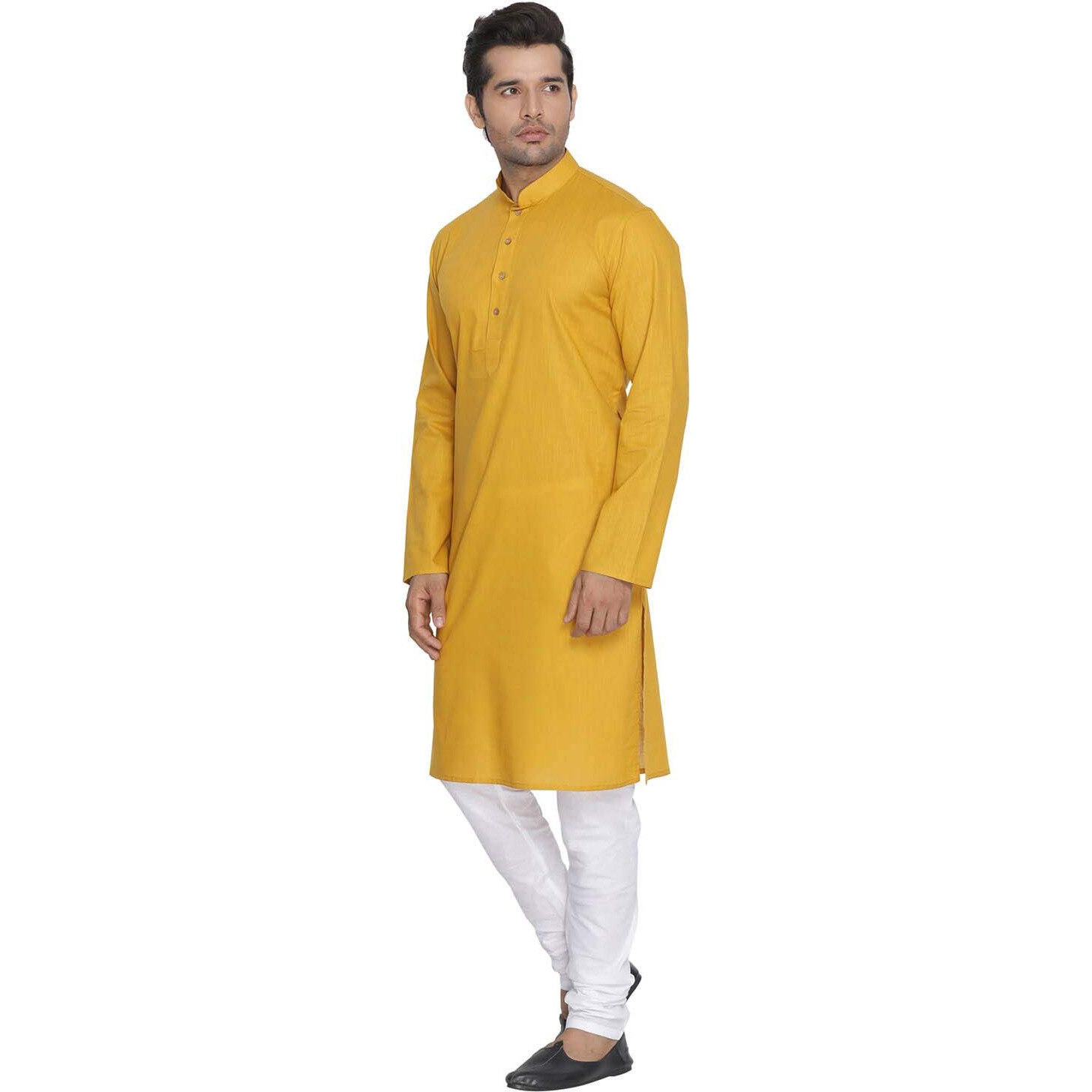 VASTRAMAY Mens Cotton Linen Mustard And White Kurta Pyjama Set - Classic Ethnic Attire for Timeless Style | Soft Comfortable Plain Solid Kurta and Churidar Pyjama Set_VASMK007MDnPCWH_36