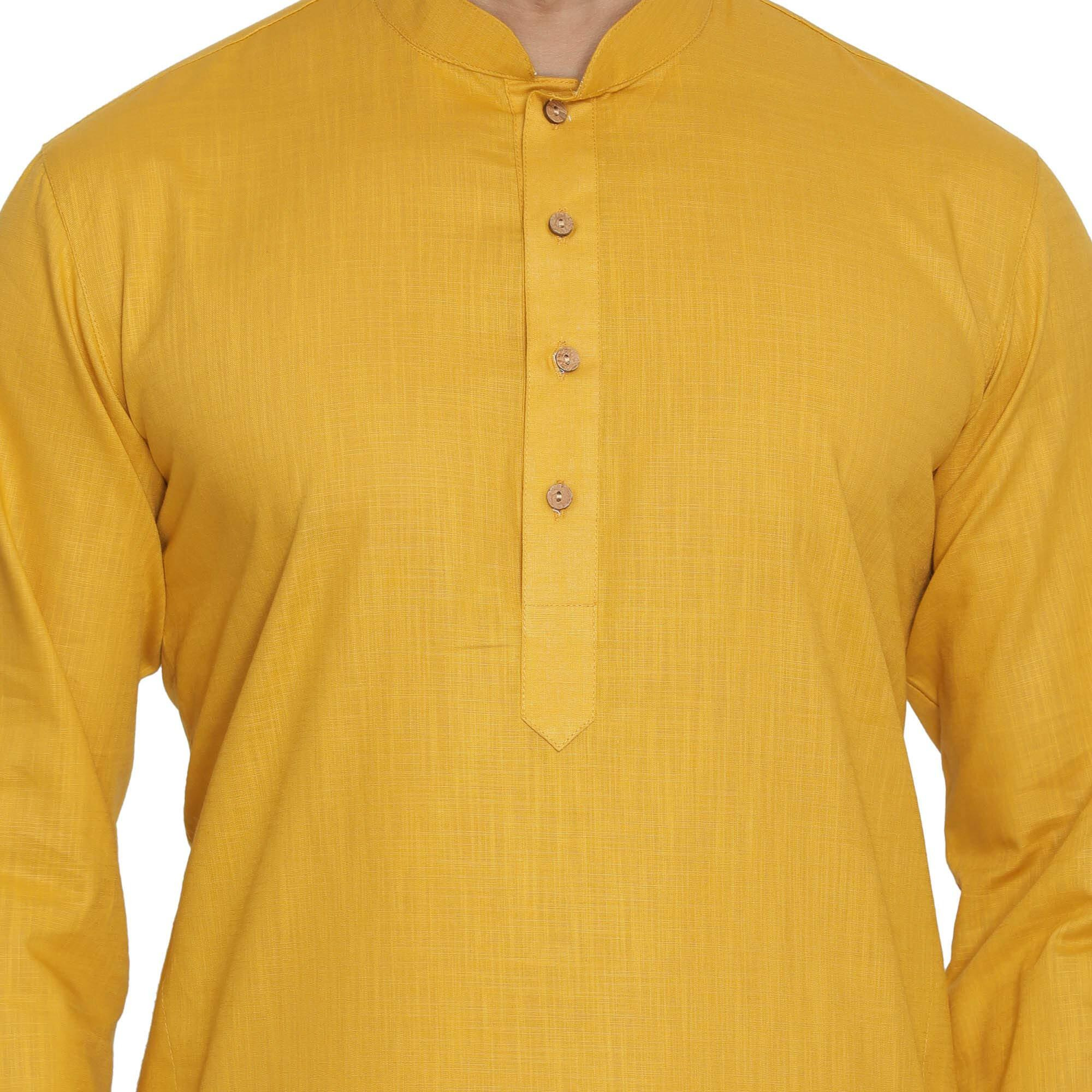 VASTRAMAY Mens Cotton Linen Mustard And White Kurta Pyjama Set - Classic Ethnic Attire for Timeless Style | Soft Comfortable Plain Solid Kurta and Churidar Pyjama Set_VASMK007MDnPCWH_36