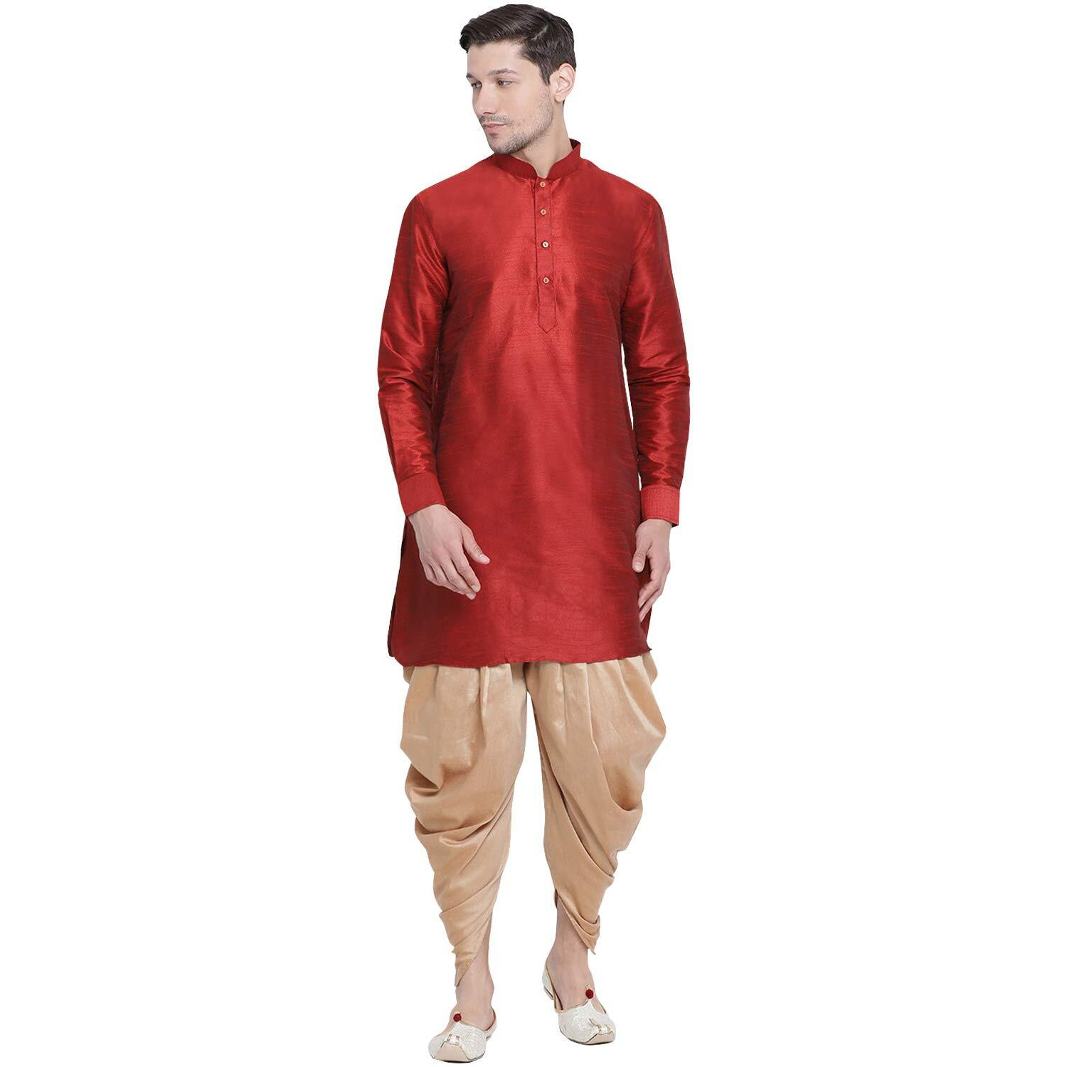 VASTRAMAY Men's Maroon Cotton Silk Blend Kurta and Dhoti Pant Set_VASMUK001MAnCDRG_46