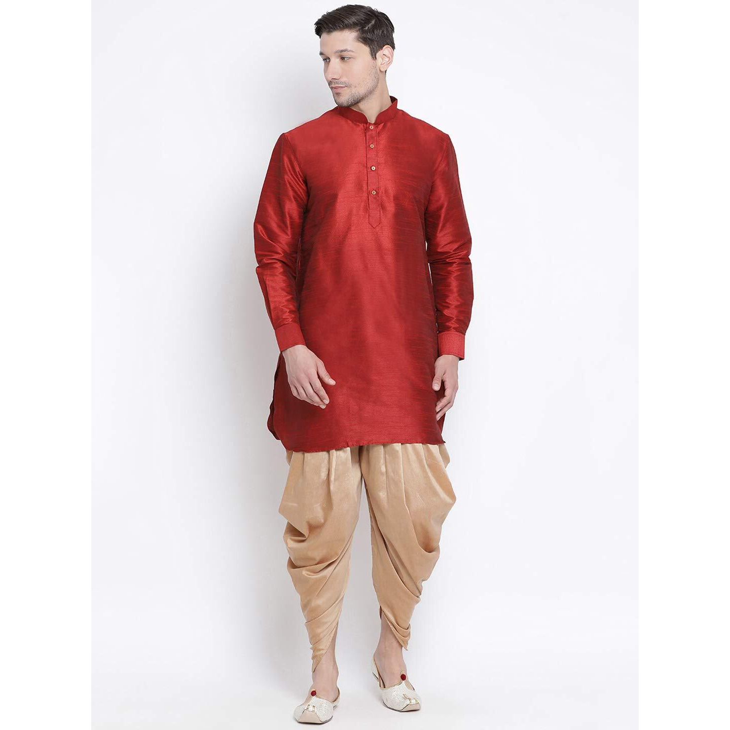 VASTRAMAY Men's Maroon Cotton Silk Blend Kurta and Dhoti Pant Set_VASMUK001MAnCDRG_46