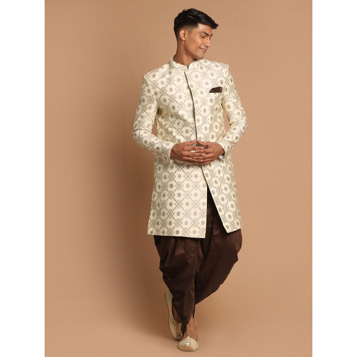 VASTRAMAY Men's Beige And Coffee Brown Silk Blend Sherwani Set_VASMSW027nCDCO_42