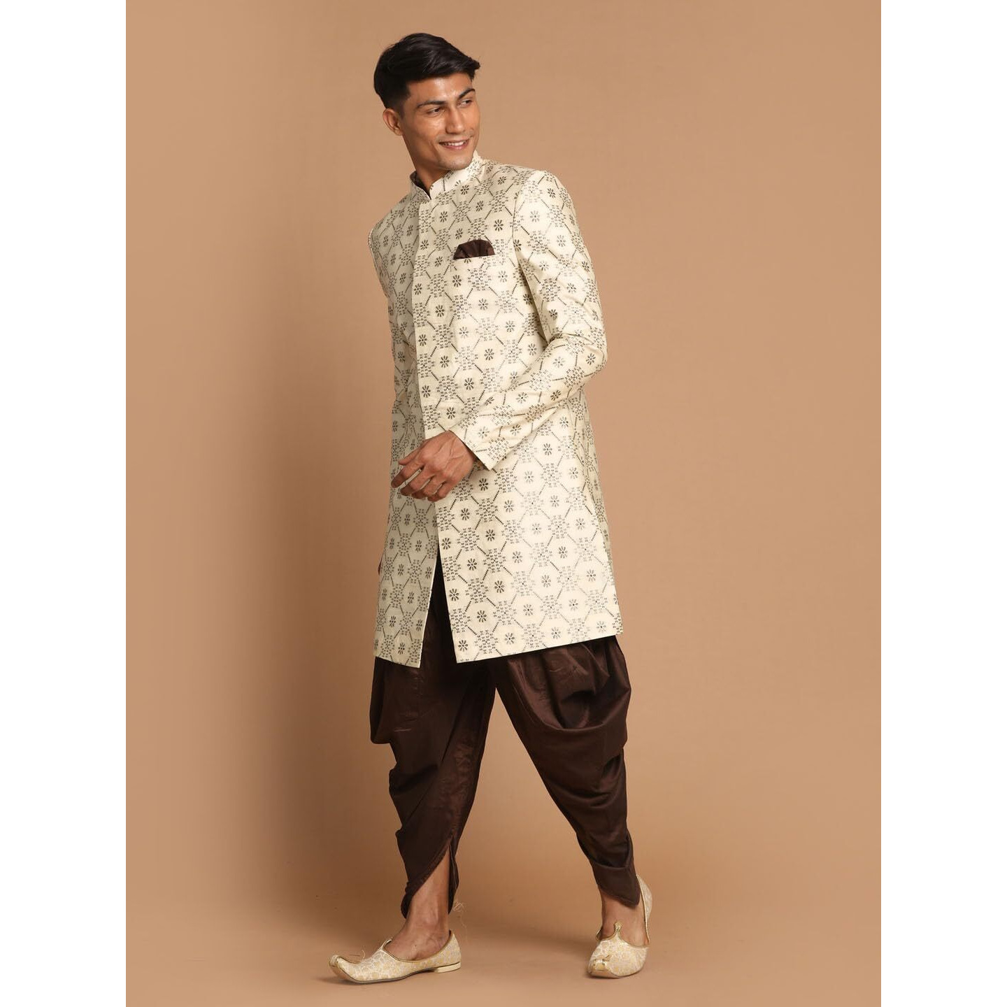 VASTRAMAY Men's Beige And Coffee Brown Silk Blend Sherwani Set_VASMSW027nCDCO_42