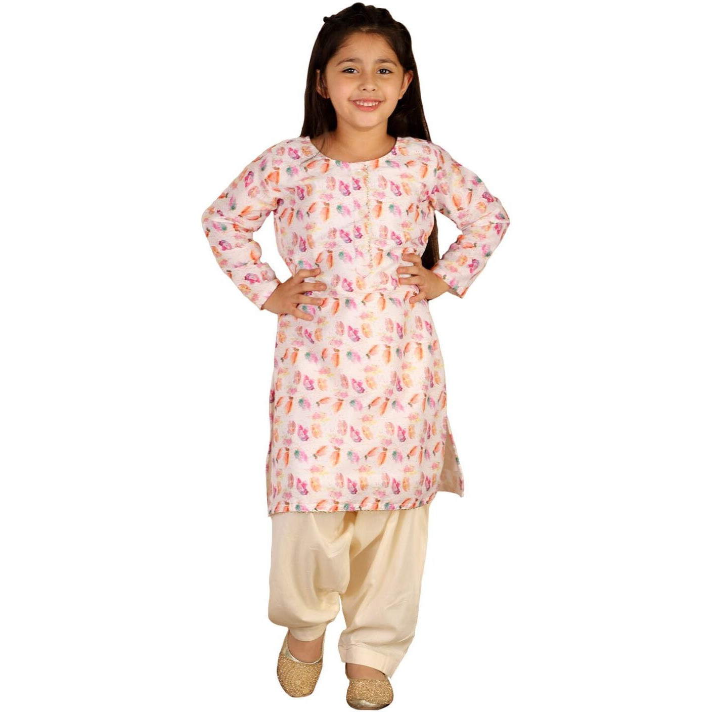 VASTRAMAY Girls' Multicolor-Base-White Kurta And Patiala Set || Cotton Linen Girls Abstract Printed Kurta And Patiala Pant set || Elegant For Holi & EID Celebration_VASGK089WHnPTYCR_34L