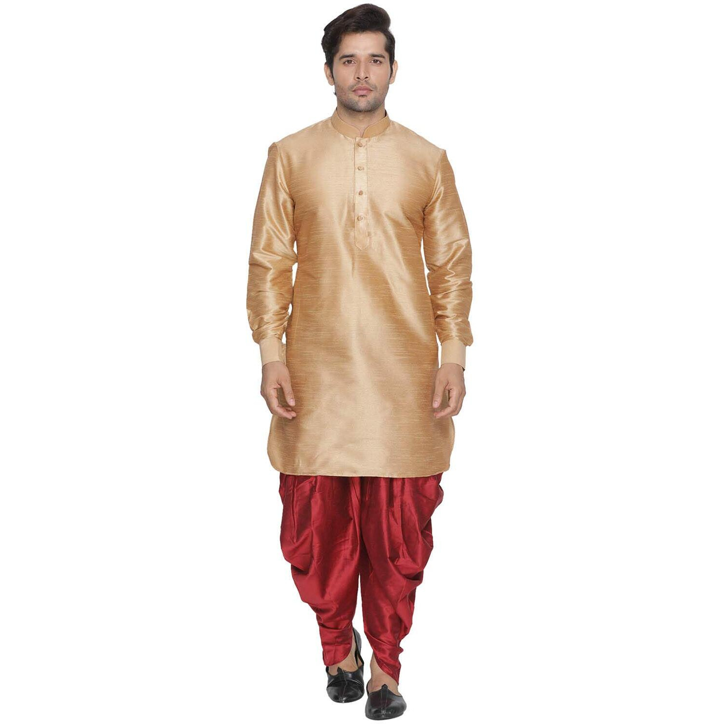VASTRAMAY Men Gold Cotton Silk Kurta and Cow Style Dhoti Pant set (VASMUK001RGnCDMA_38)