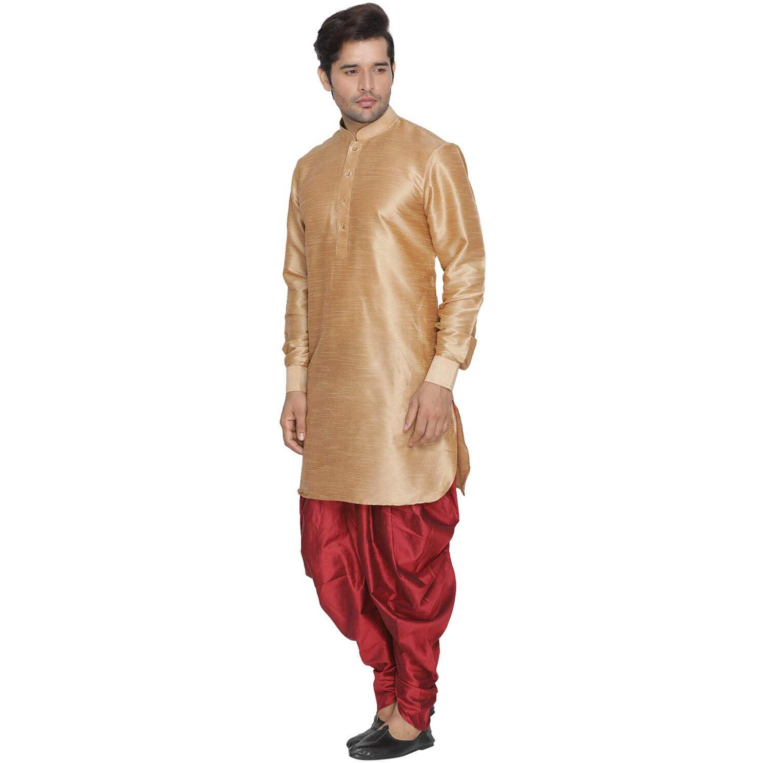 VASTRAMAY Men Gold Cotton Silk Kurta and Cow Style Dhoti Pant set (VASMUK001RGnCDMA_38)