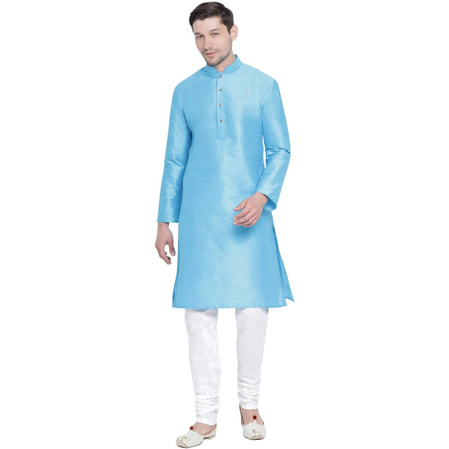 VASTRAMAY VM Mens Silk Blend Aqua Kurta Pyjama Set - Classic Ethnic Attire for Timeless Style and Cultural Celebrations_VASMKAQ001nPDWH_36