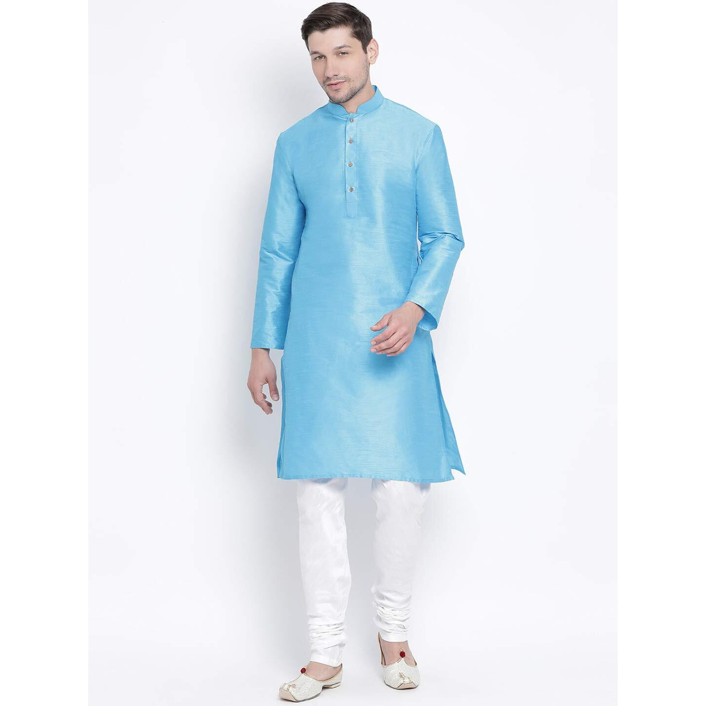 VASTRAMAY VM Mens Silk Blend Aqua Kurta Pyjama Set - Classic Ethnic Attire for Timeless Style and Cultural Celebrations_VASMKAQ001nPDWH_36