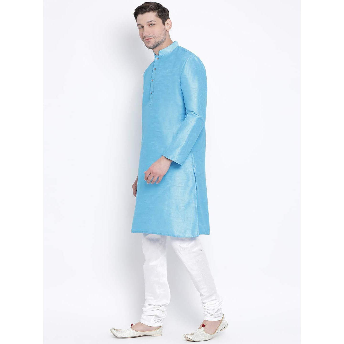 VASTRAMAY VM Mens Silk Blend Aqua Kurta Pyjama Set - Classic Ethnic Attire for Timeless Style and Cultural Celebrations_VASMKAQ001nPDWH_36