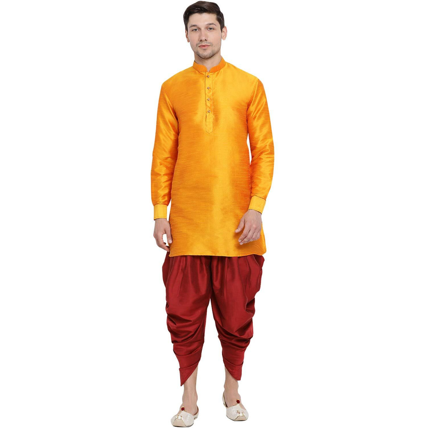 VASTRAMAY Men's Orange Silk Blend Kurta and Dhoti Pant Set_VASMUK001ORnCDMA_48